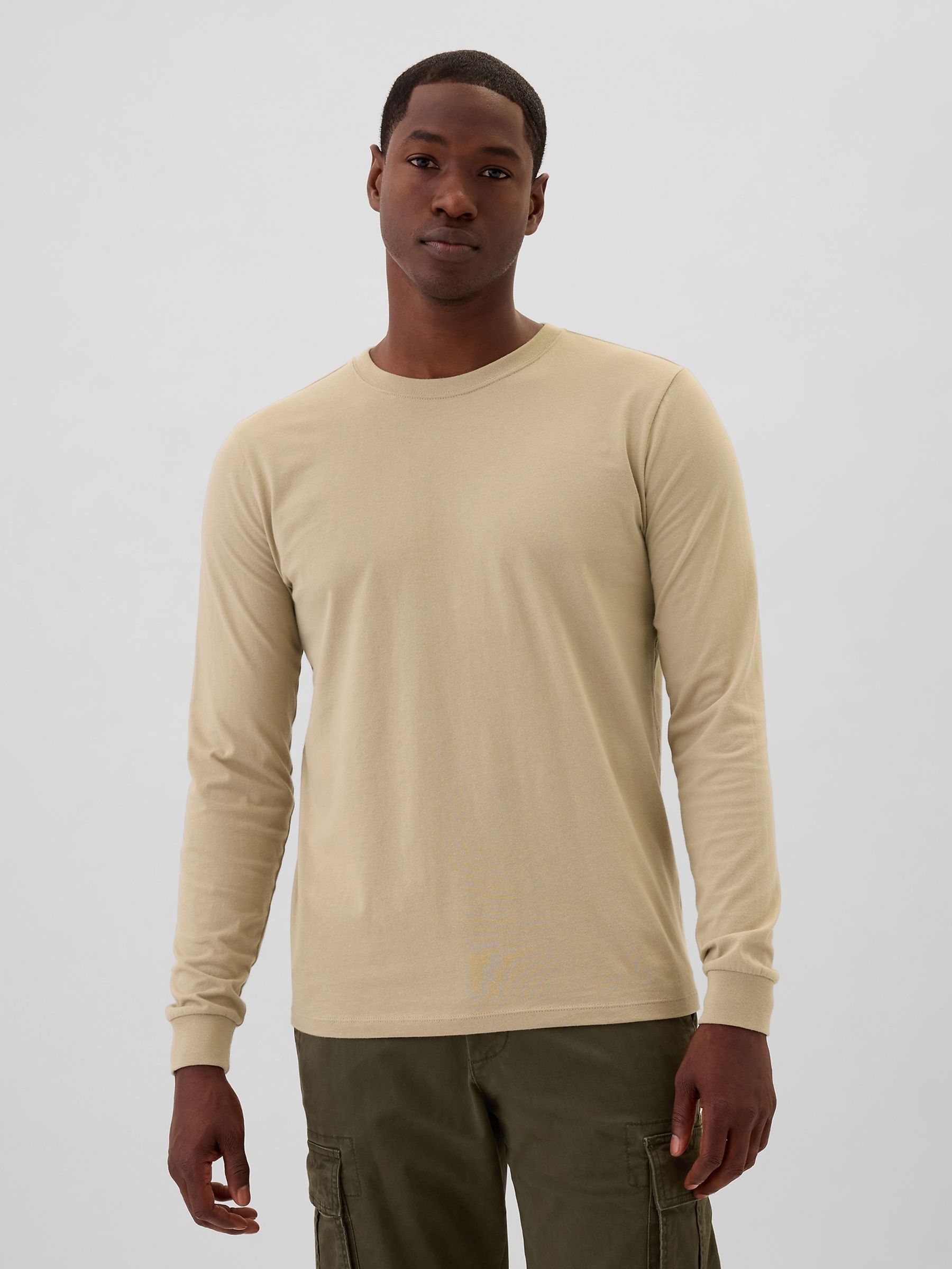 Beige Long Sleeve Everyday 100 Cotton Crew Neck Long Sleeve T Shirt
