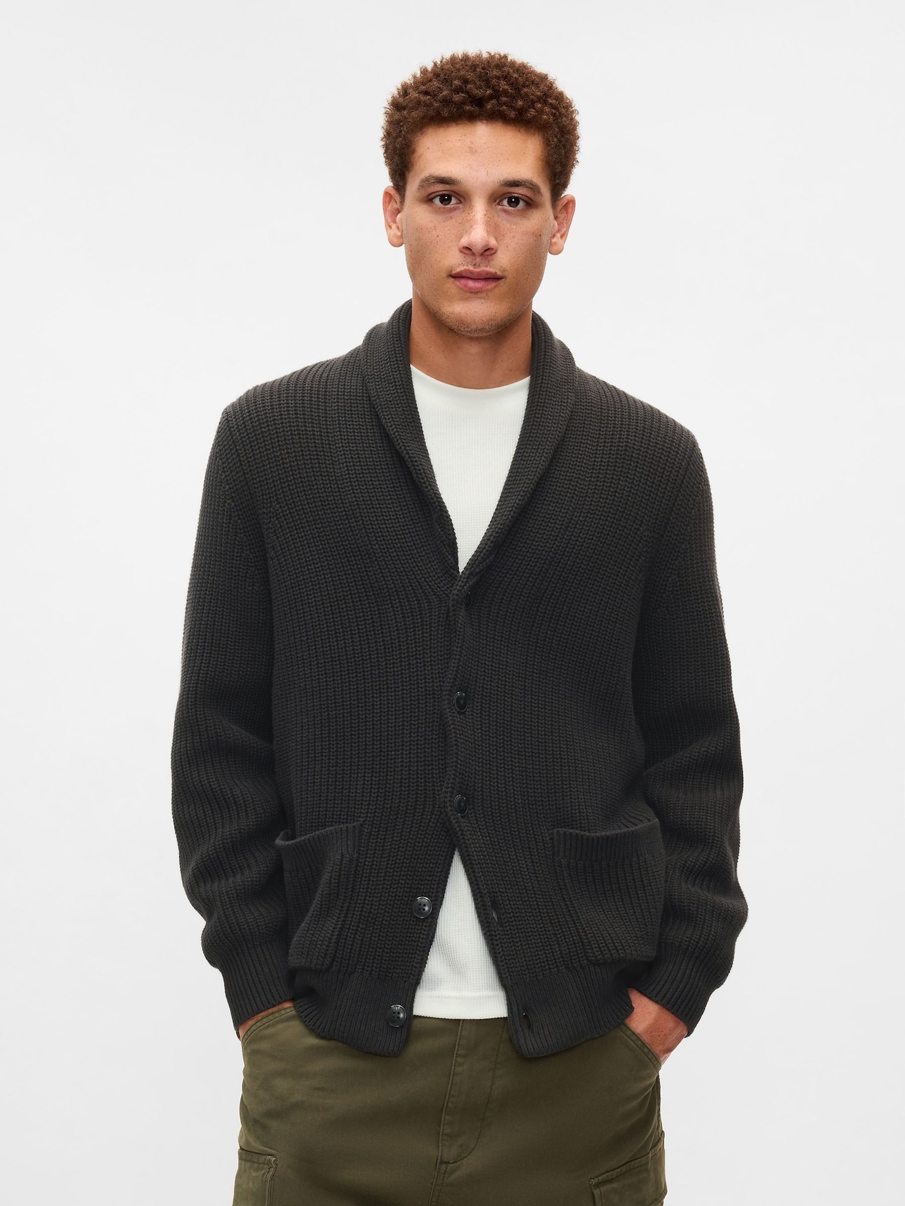 Black Textured Rib Shawl Cardigan