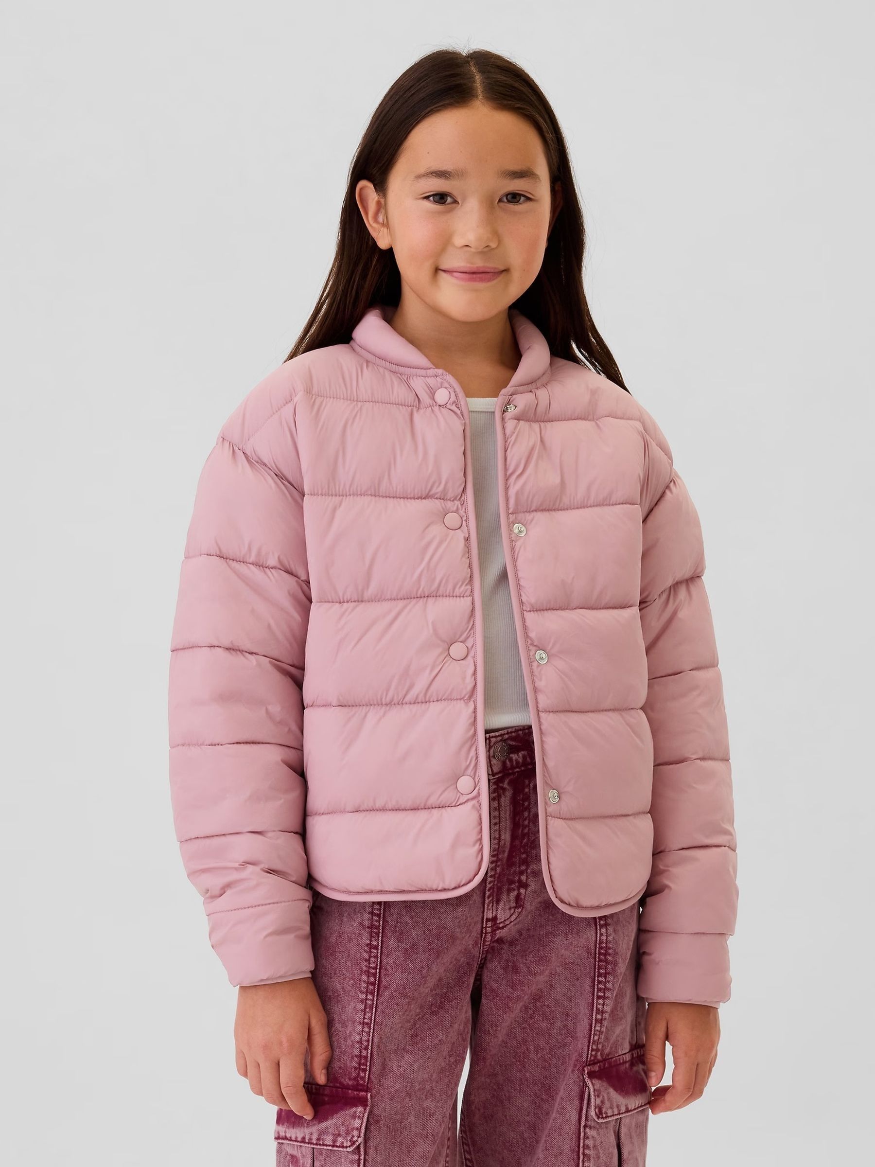 Pink Lightweight Mock Neck Puffer Bomber Jacket 4 13yrs