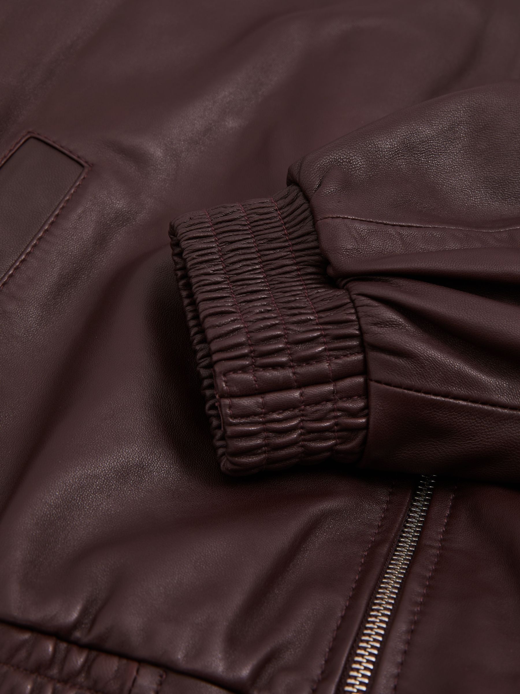 Reiss Atelier Leather Latched Collar Bomber Jacket in Berry REISS