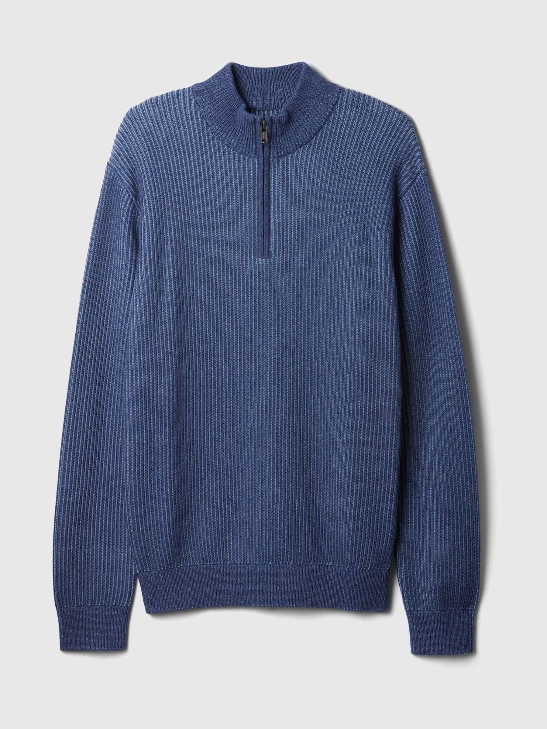 Blue Cotton Knit Quarter Zip Jumper
