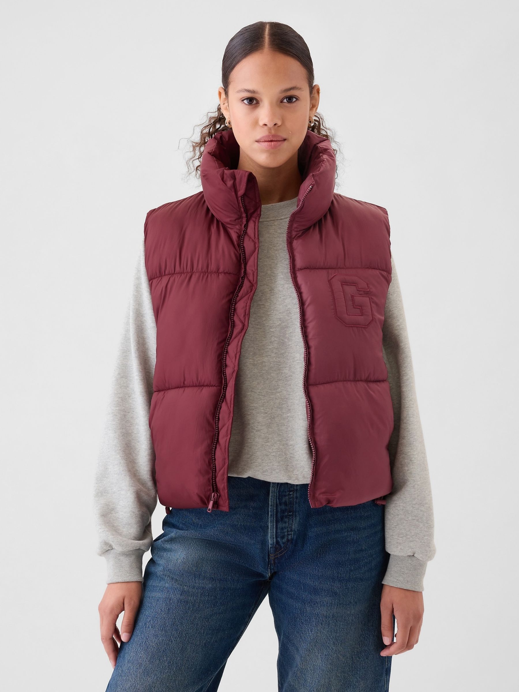 Buy Burgundy Red Logo Cropped Puffer Gilet Jacket from the Gap online shop