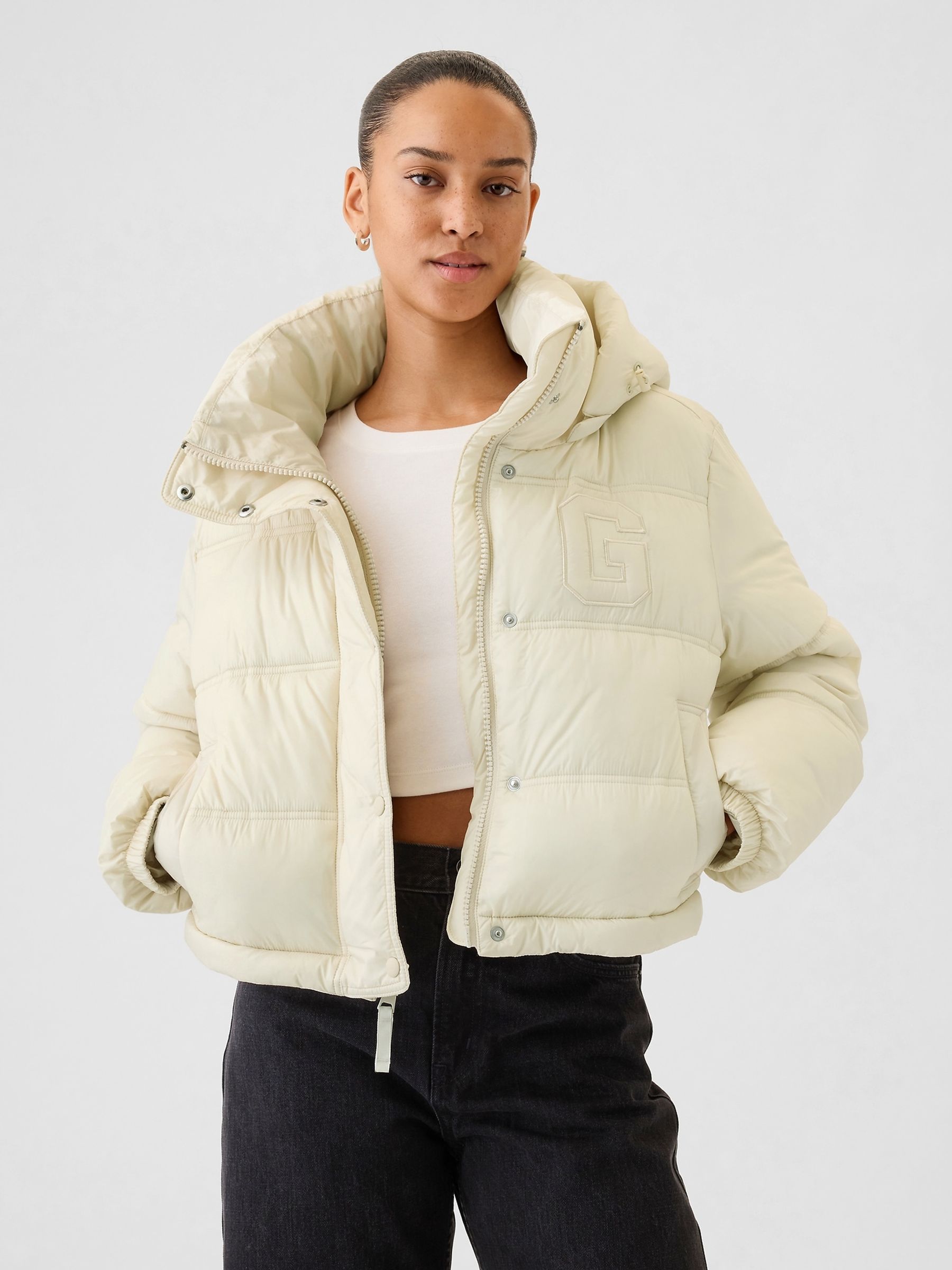 Buy Cream Heavyweight Puffer Logo Jacket from the Gap online shop