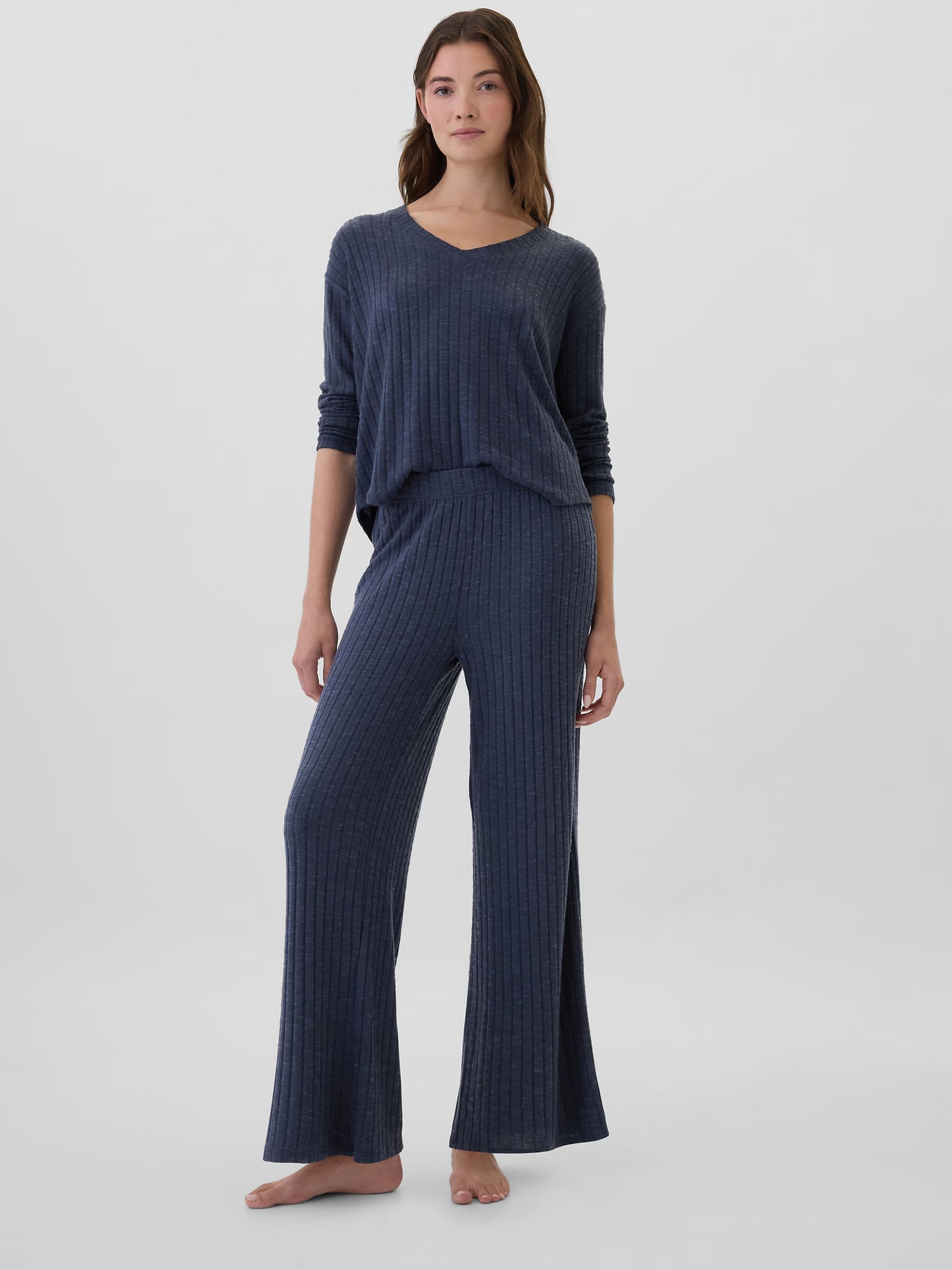 Blue Relaxed Ribbed Wide Leg Pyjama Bottoms