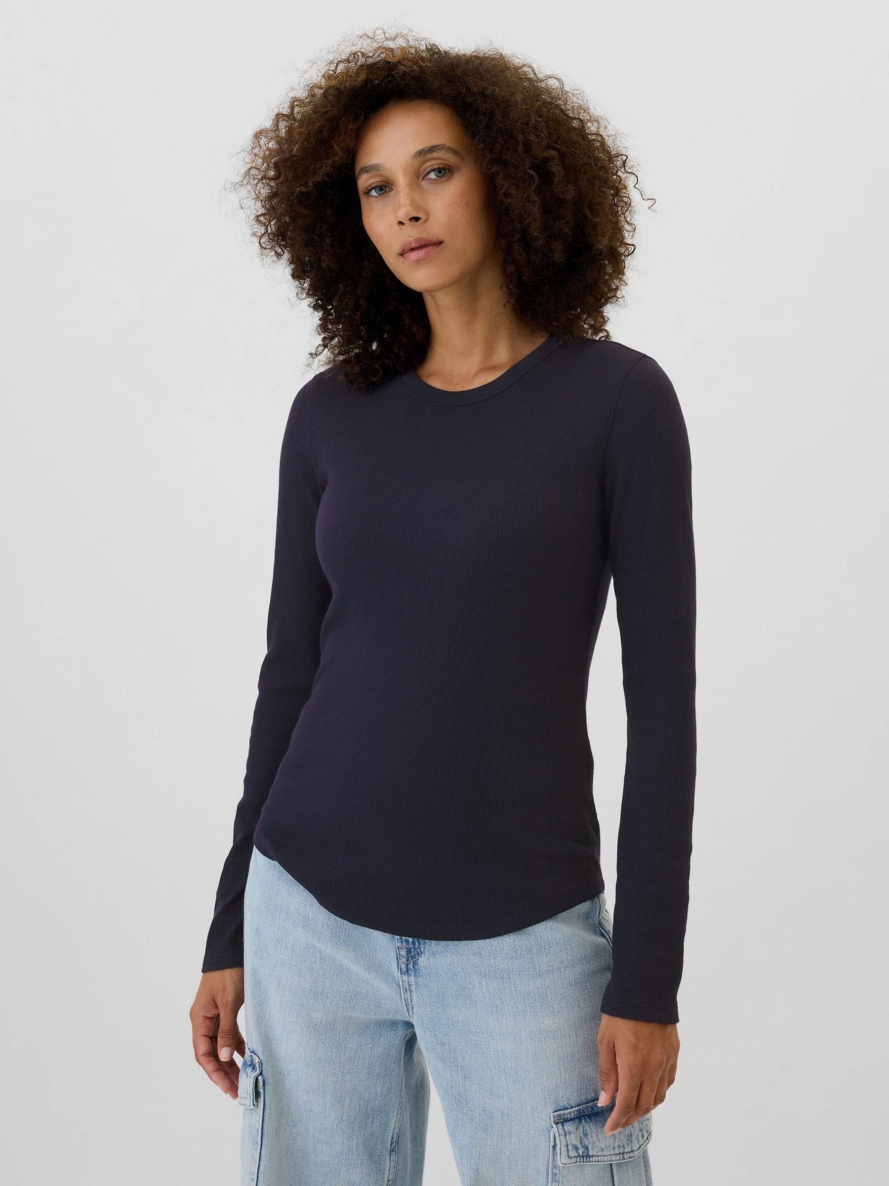 Navy Blue Long Sleeve Crew Neck Waffle Knit T Shirt