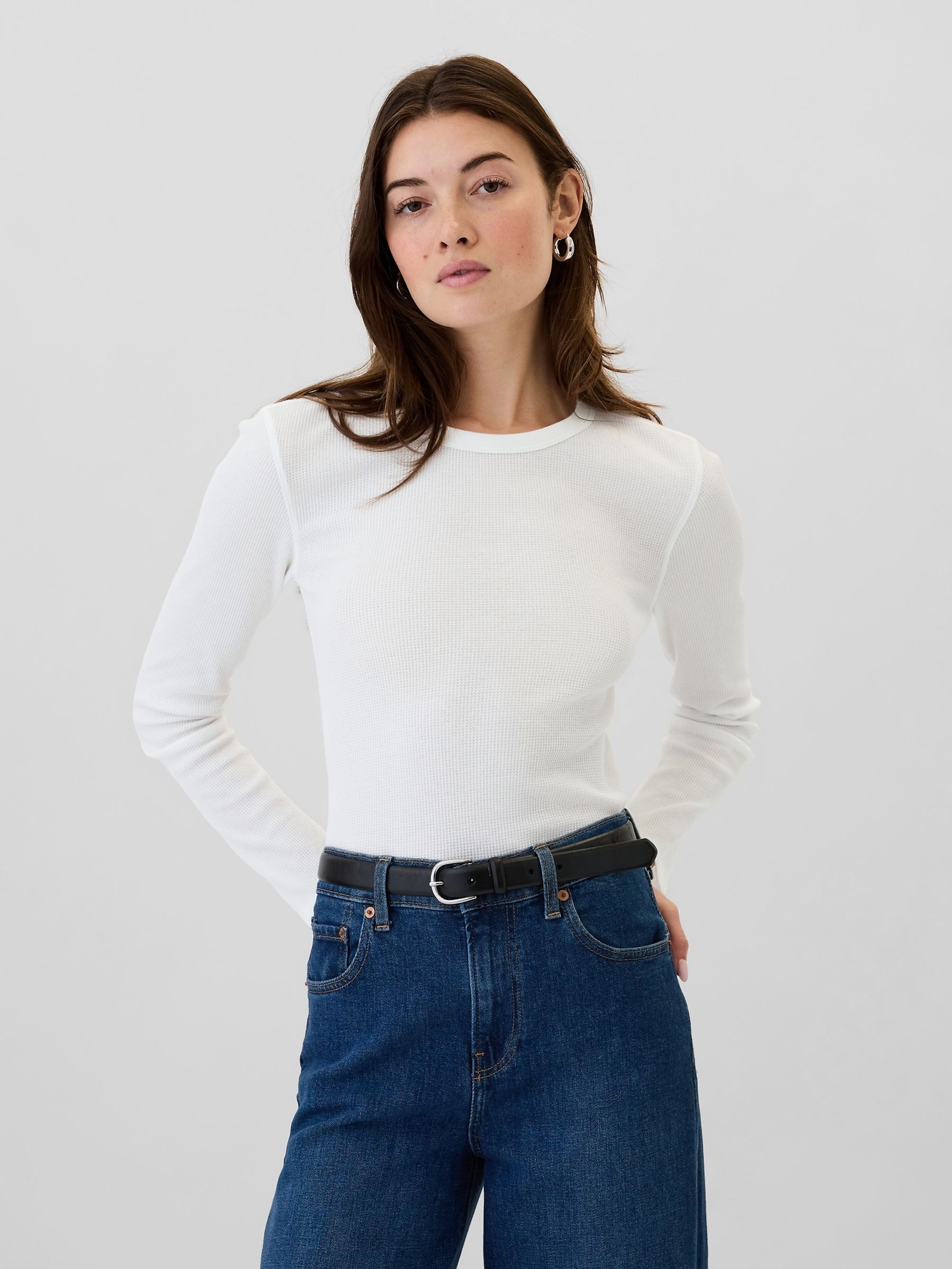 Buy White Long Sleeve Crew Neck Waffle Knit T Shirt from the Gap online shop