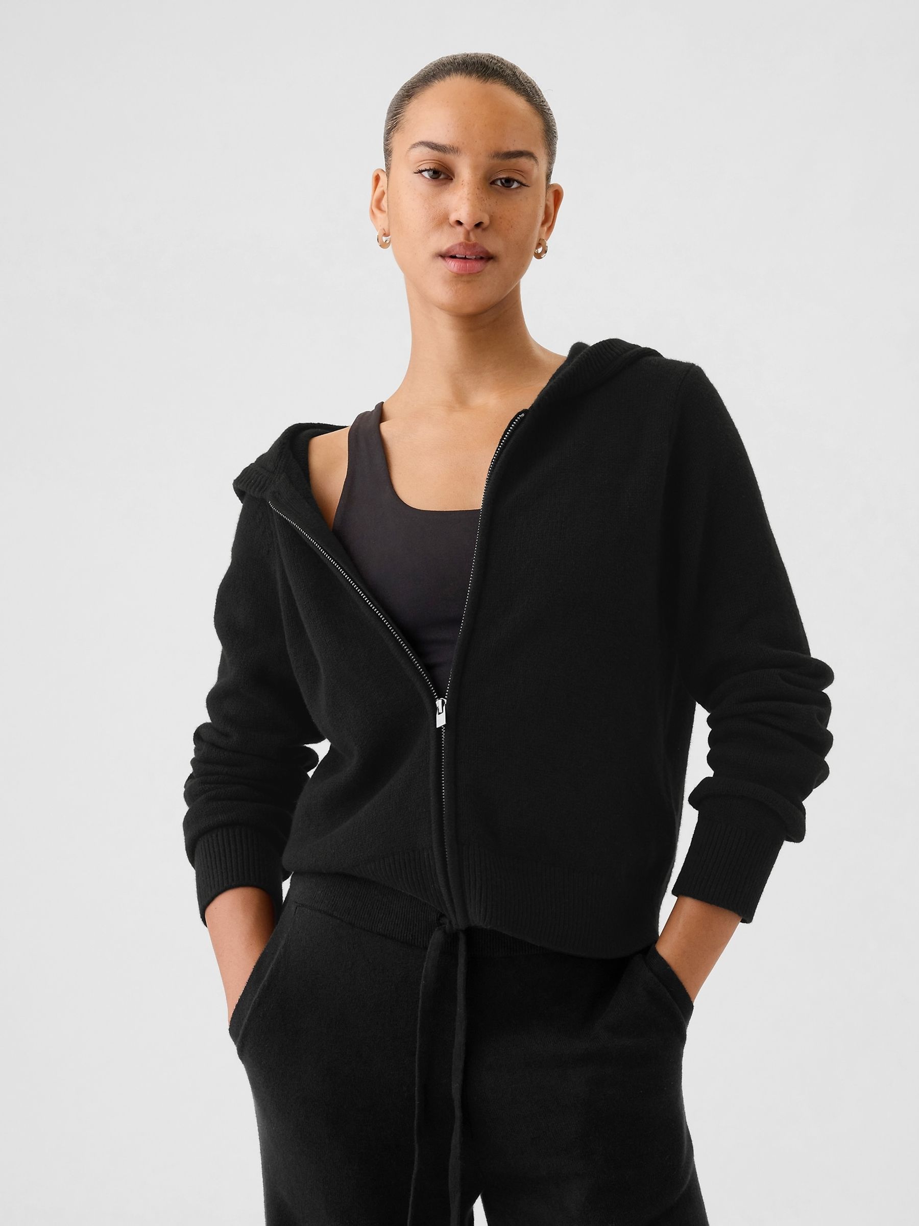 Black CashSoft Zip Through Knitted Hoodie