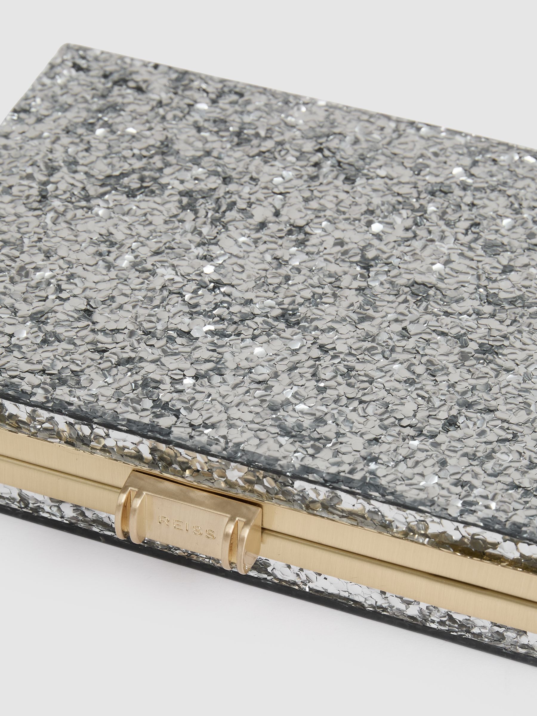 Reiss Glitter Box Clutch Bag in Silver REISS