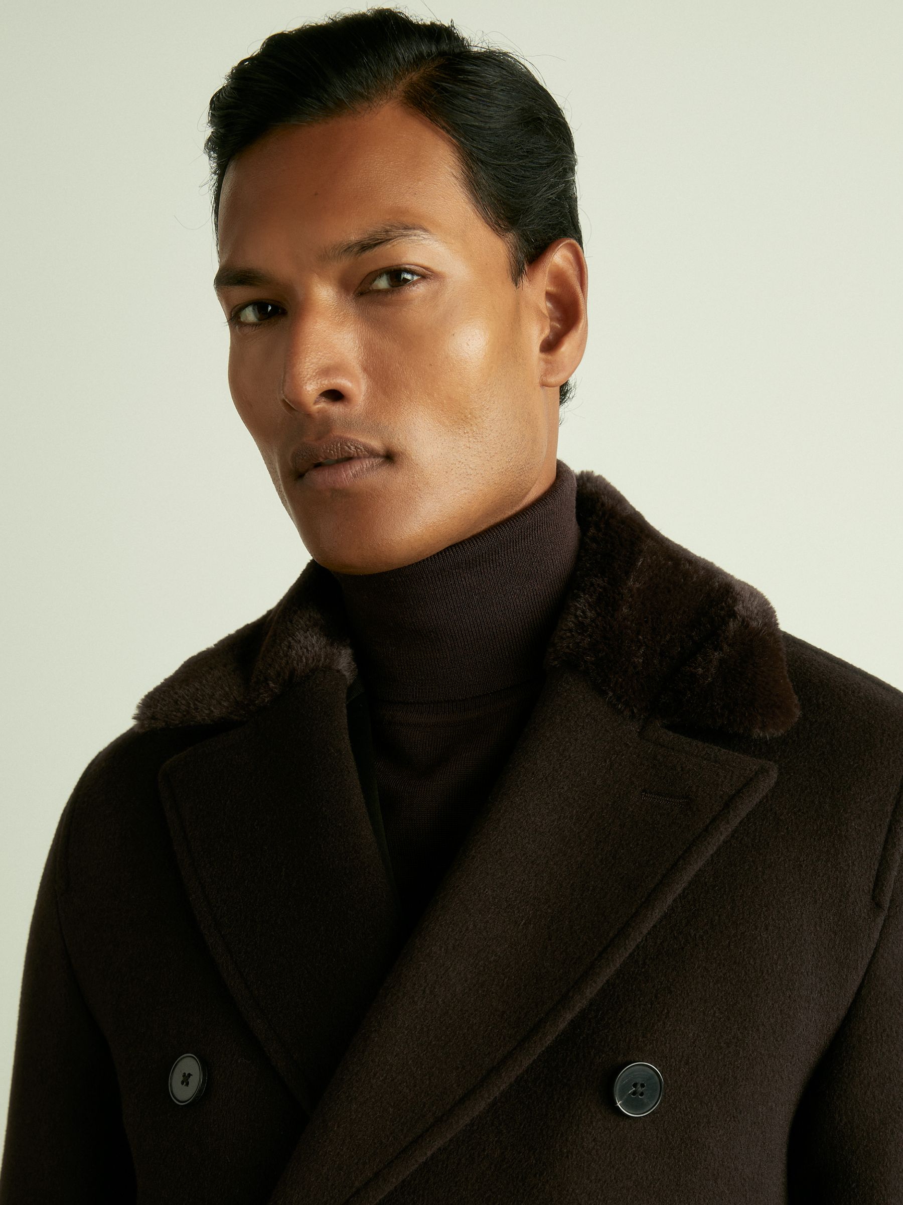 Reiss Wool Blend Faux Fur Collar Overcoat in Brown REISS