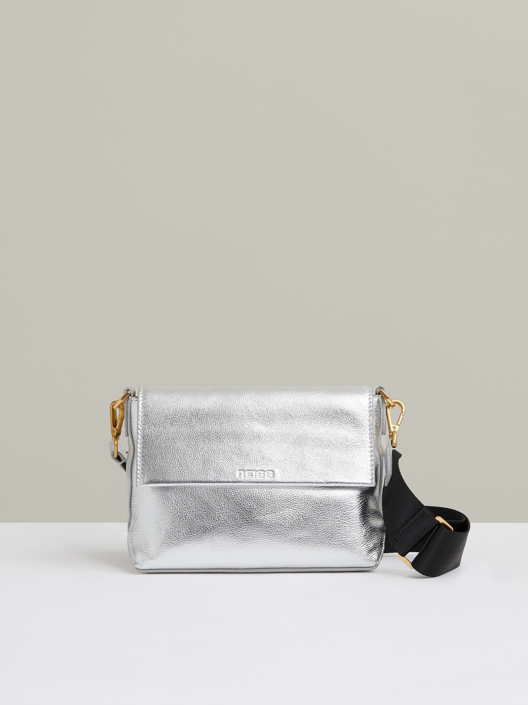 Reiss Leather Adjustable Strap Crossbody Bag in Silver REISS