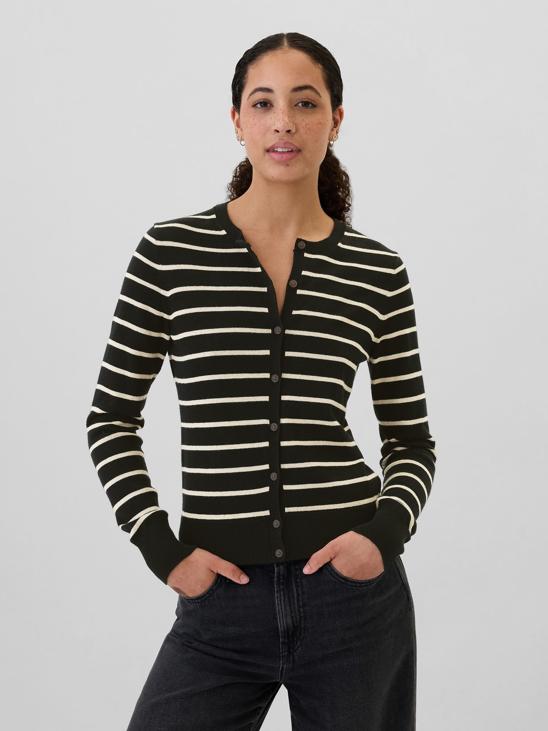 Buy Black White Long Sleeve Crew Neck Cardigan from the Gap online shop