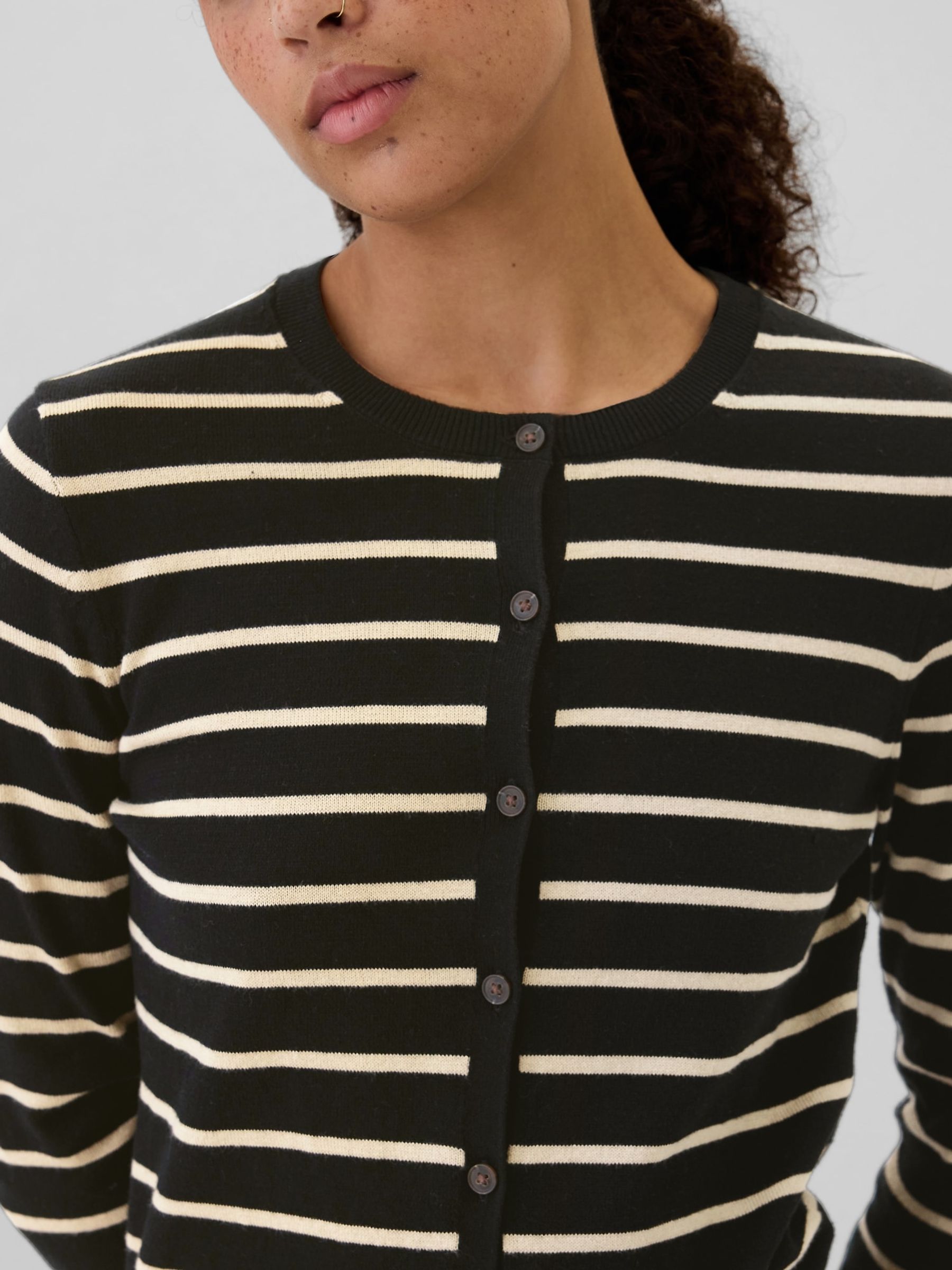 Black White Stripe Long Sleeve Crew Neck Cardigan