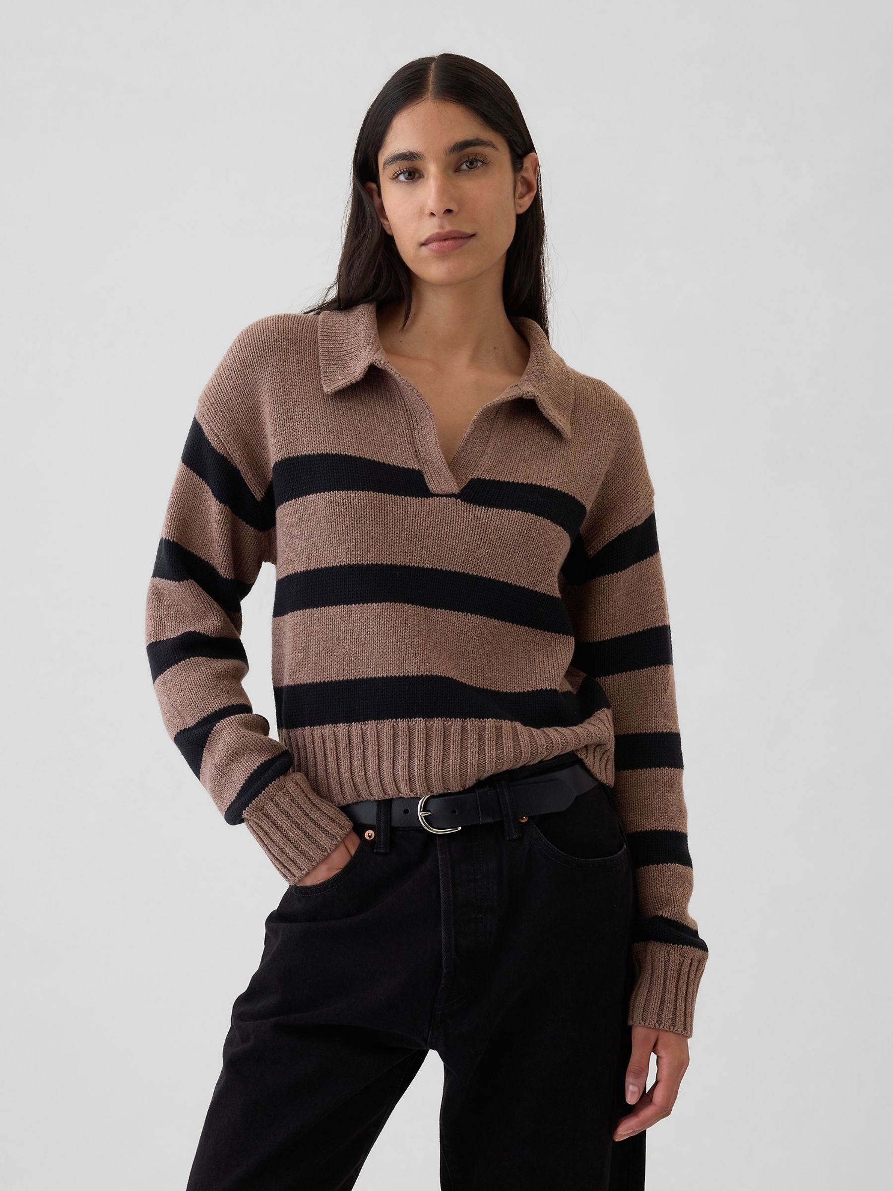 Buy Brown Stripe Soft Cotton Shrunken V Neck Polo Jumper from the Gap online shop