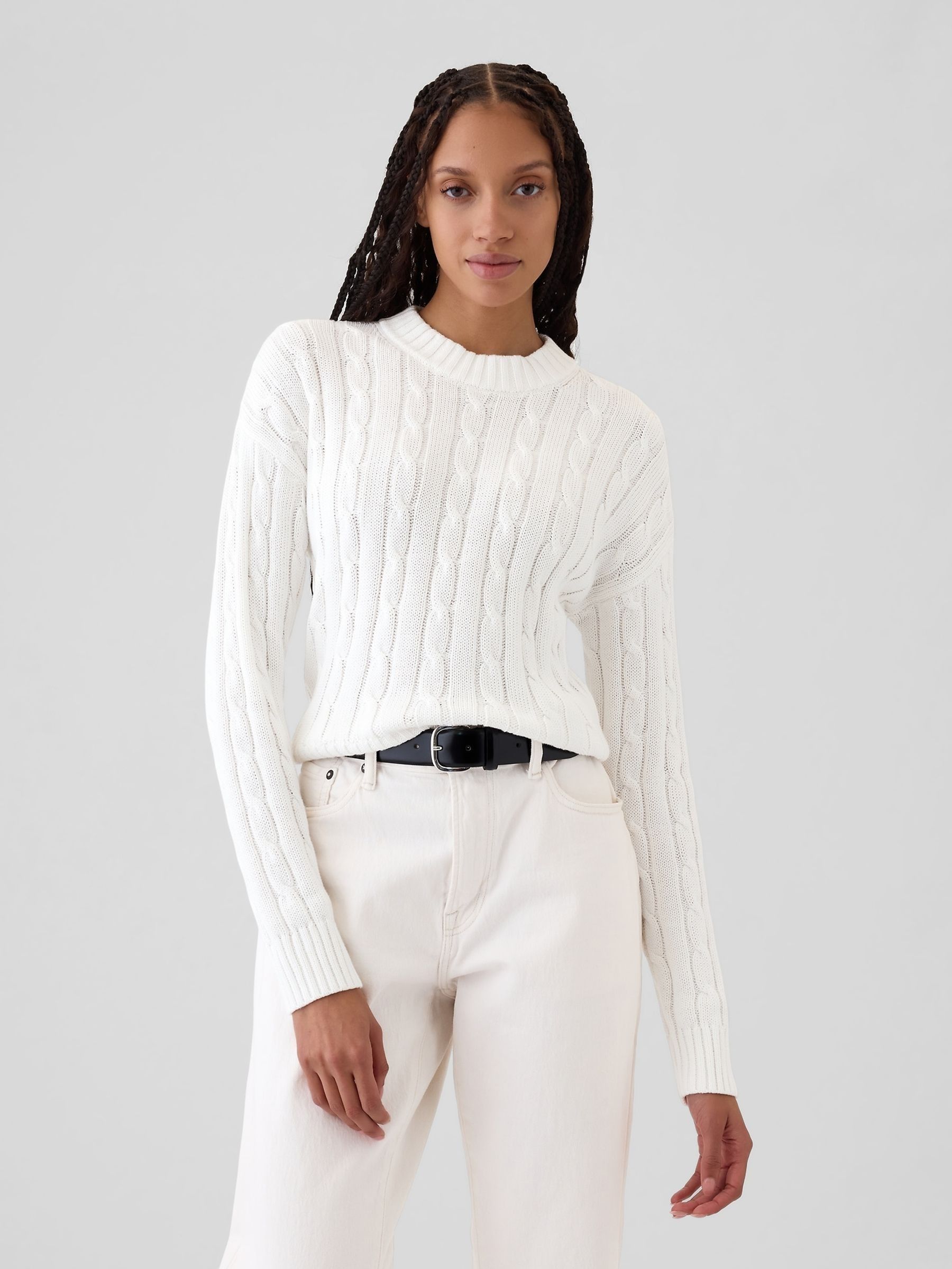 Buy White 100 Cotton Cable Knit Crew Neck Cropped Jumper from the Gap online shop