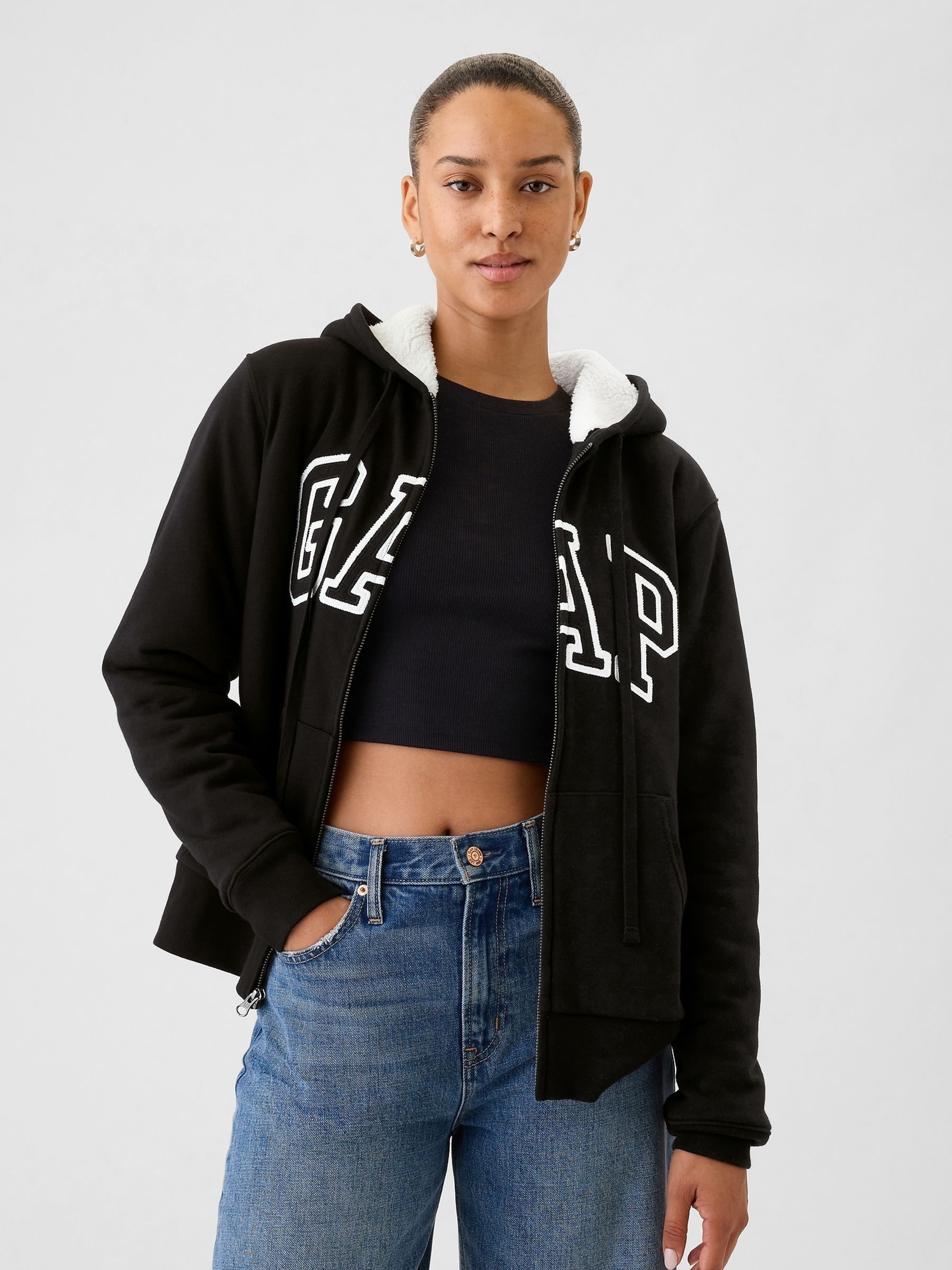 Black Relaxed Logo Sherpa Lined Zip Hoodie Gap
