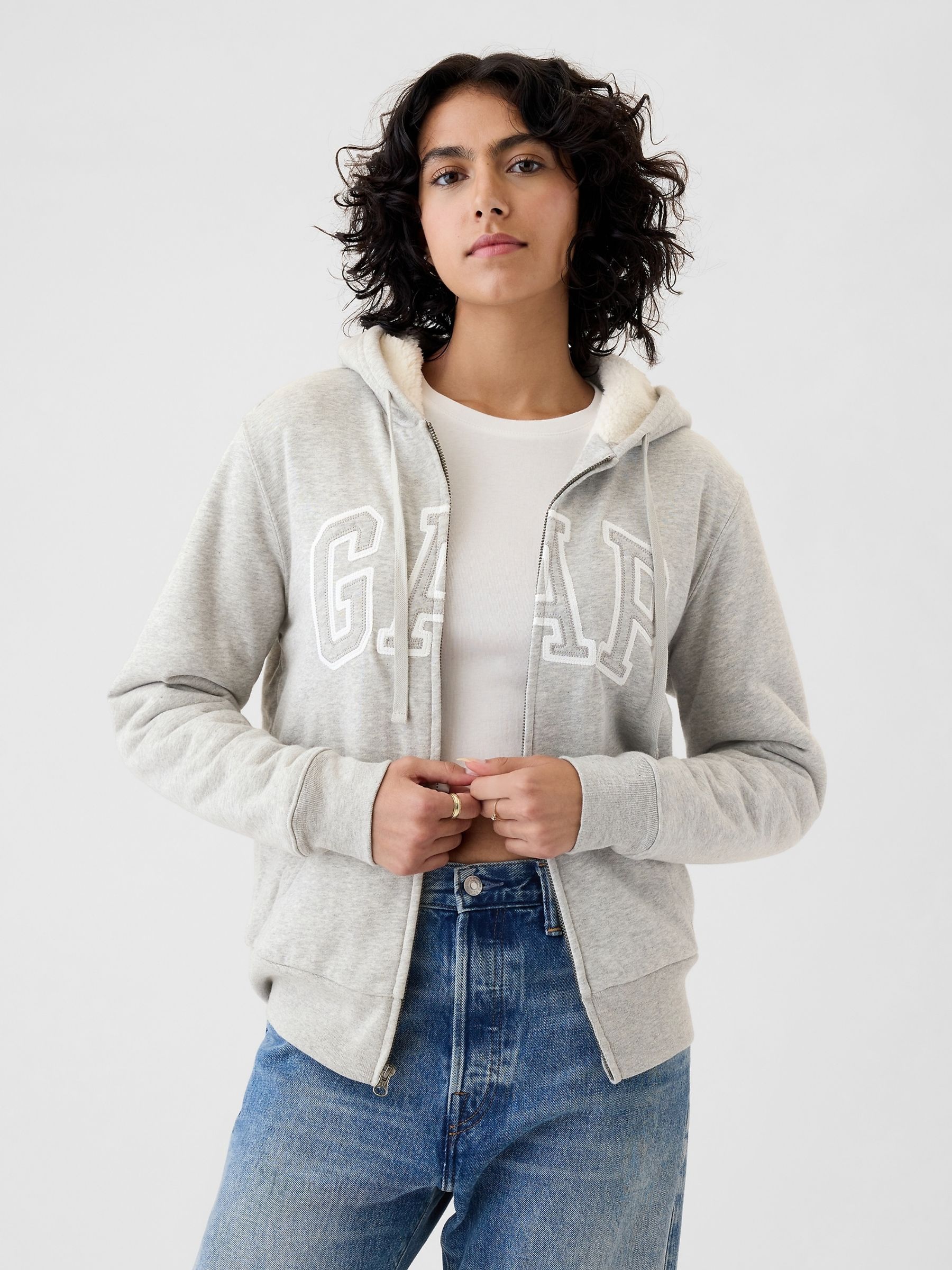 Grey Relaxed Logo Sherpa Lined Zip Hoodie