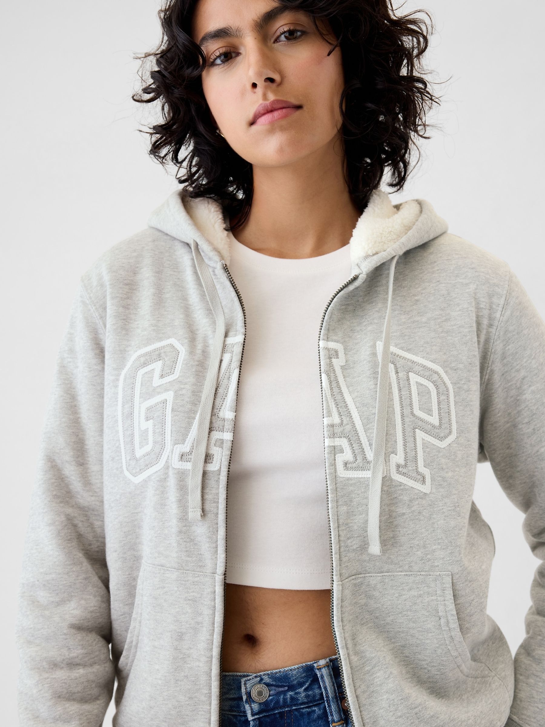 Grey Relaxed Logo Sherpa Lined Zip Hoodie