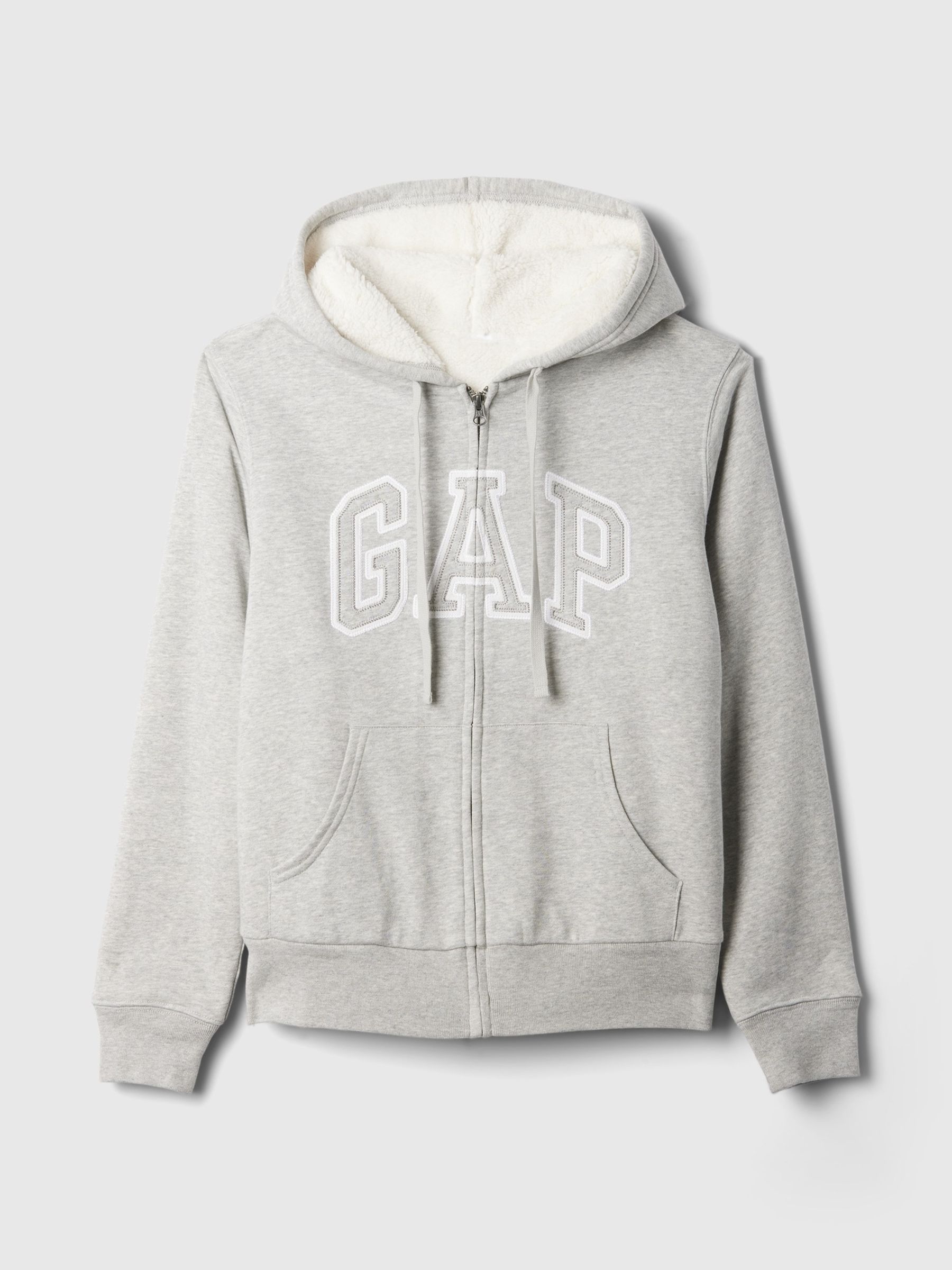 Grey Relaxed Logo Sherpa Lined Zip Hoodie