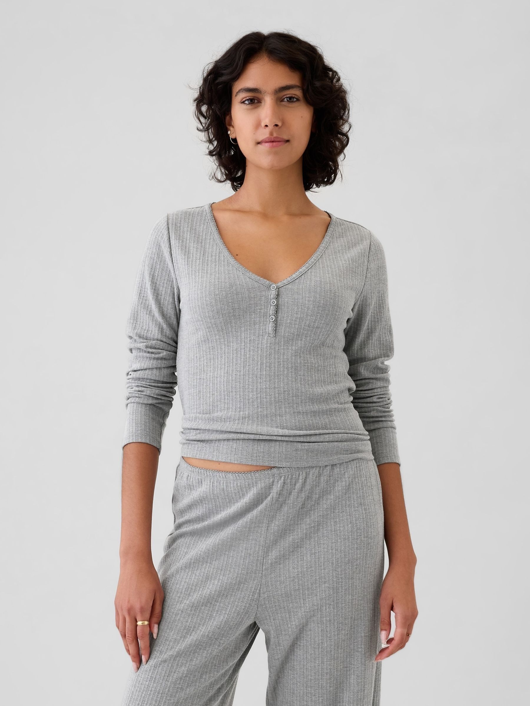 Grey Pointelle Henley Pyjama Top
