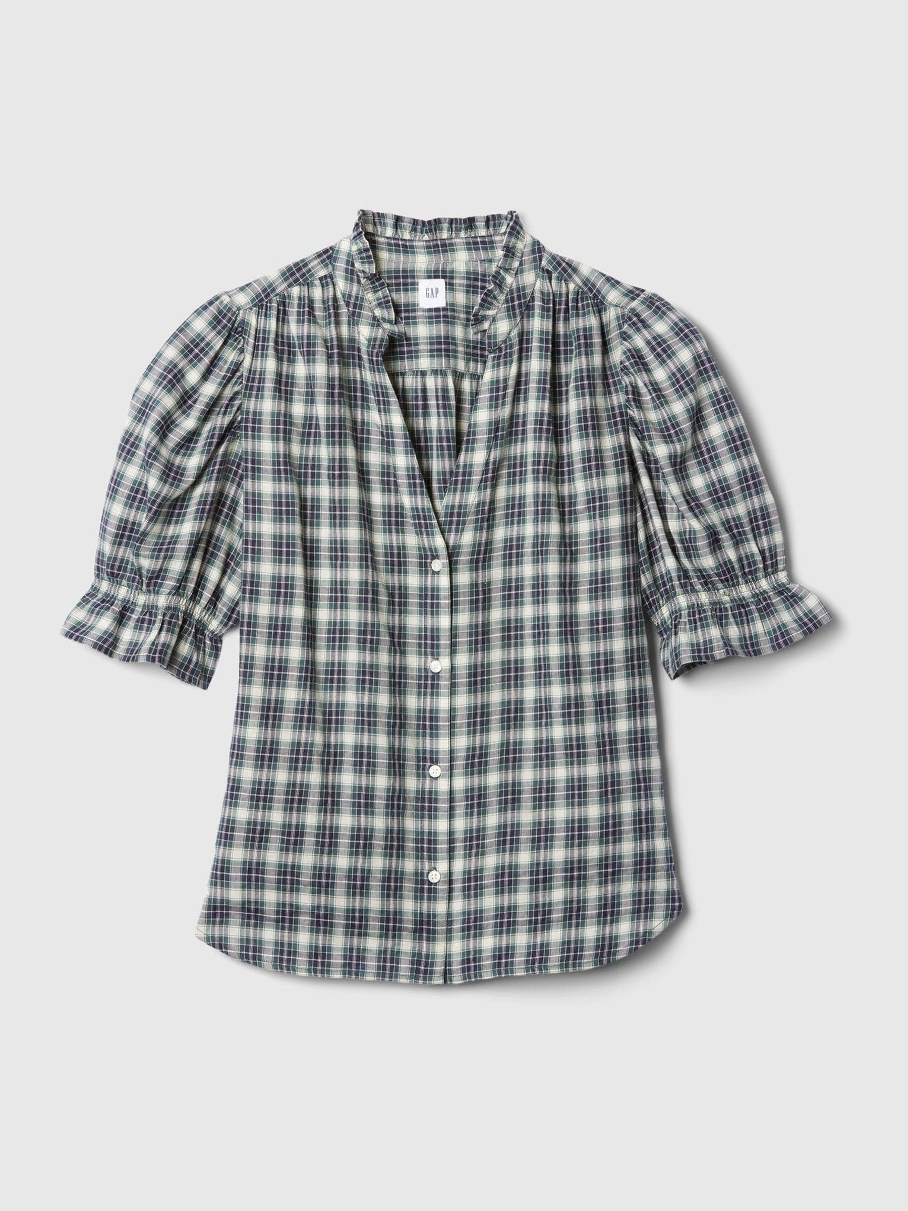 Green Check Ruffled Puff Sleeve Shirt