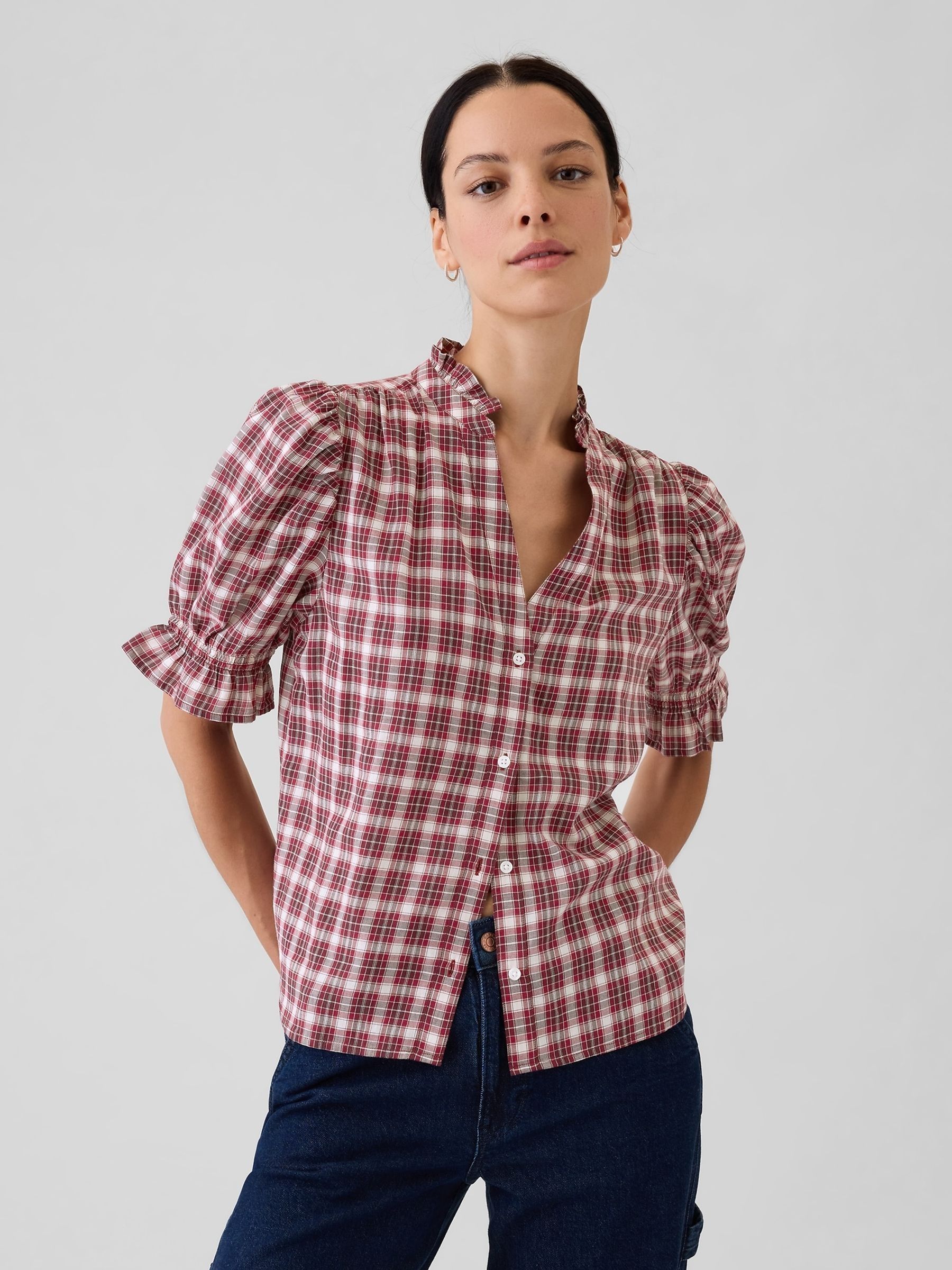 Red Check Ruffled Puff Sleeve Shirt