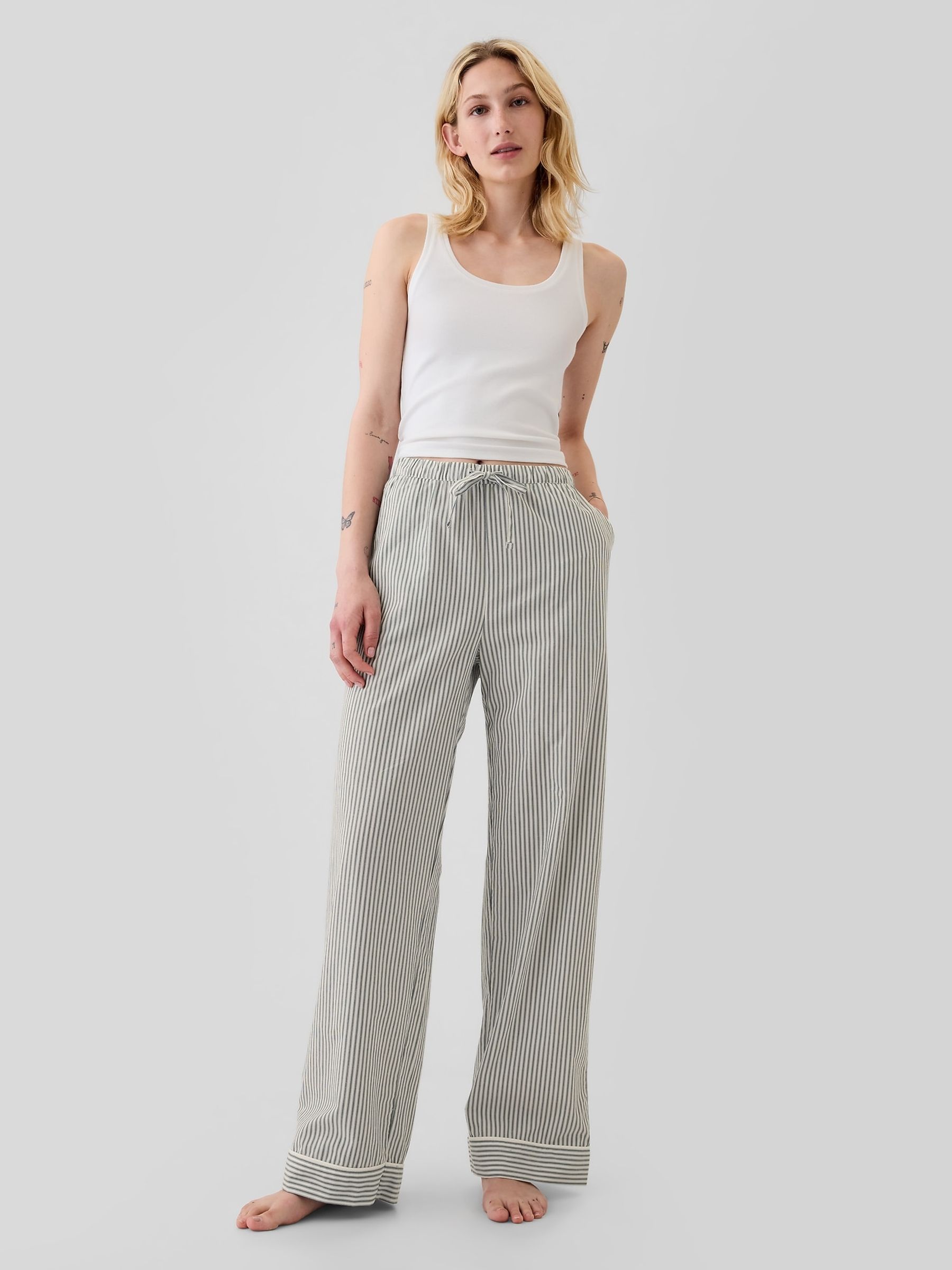 Green Stripe 100 Cotton Poplin Pyjama Bottoms