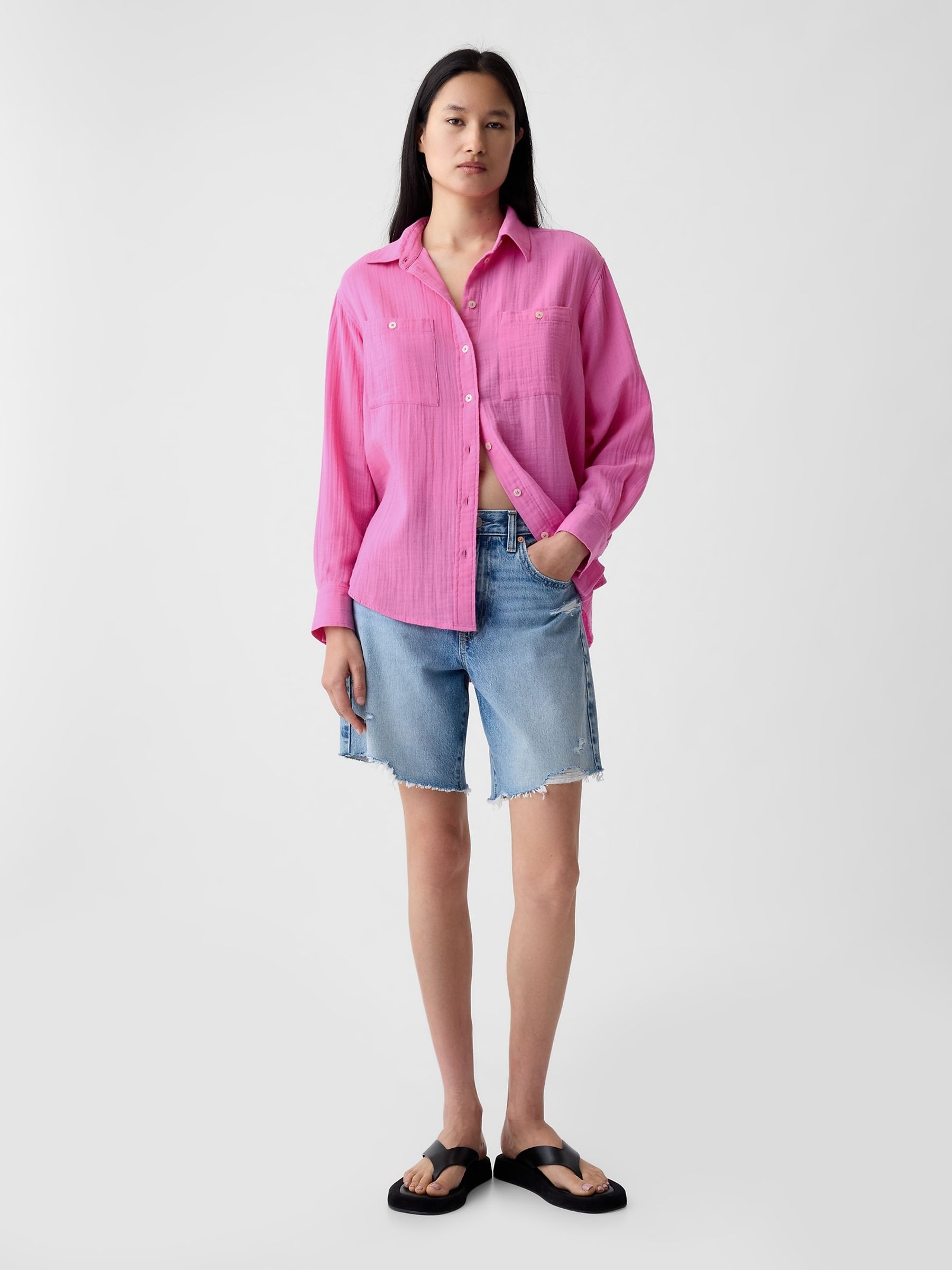 Pink Crinkle Cotton Long Sleeve Oversize Shirt | Gap