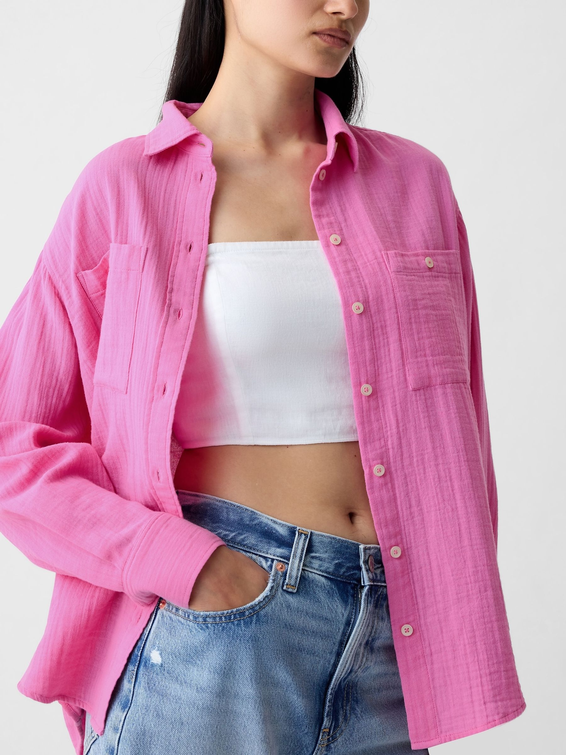 Pink Crinkle Cotton Long Sleeve Oversize Shirt | Gap