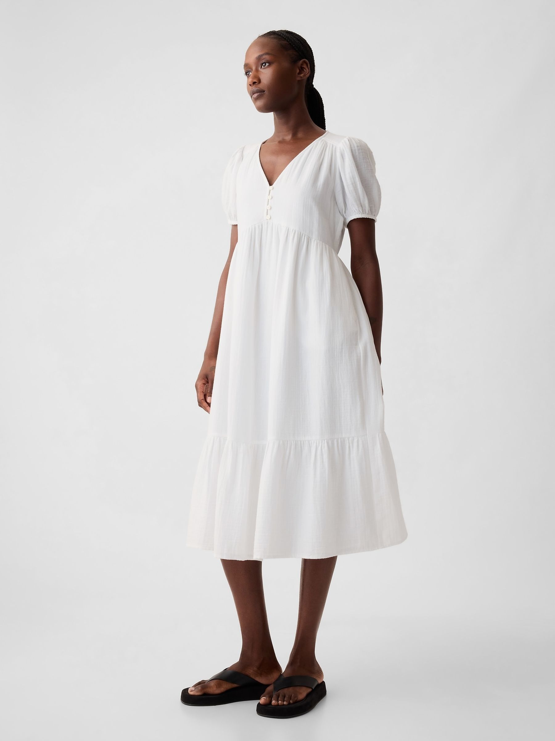 Buy White Crinkle Gauze V Neck Midi Dress from the Gap online shop