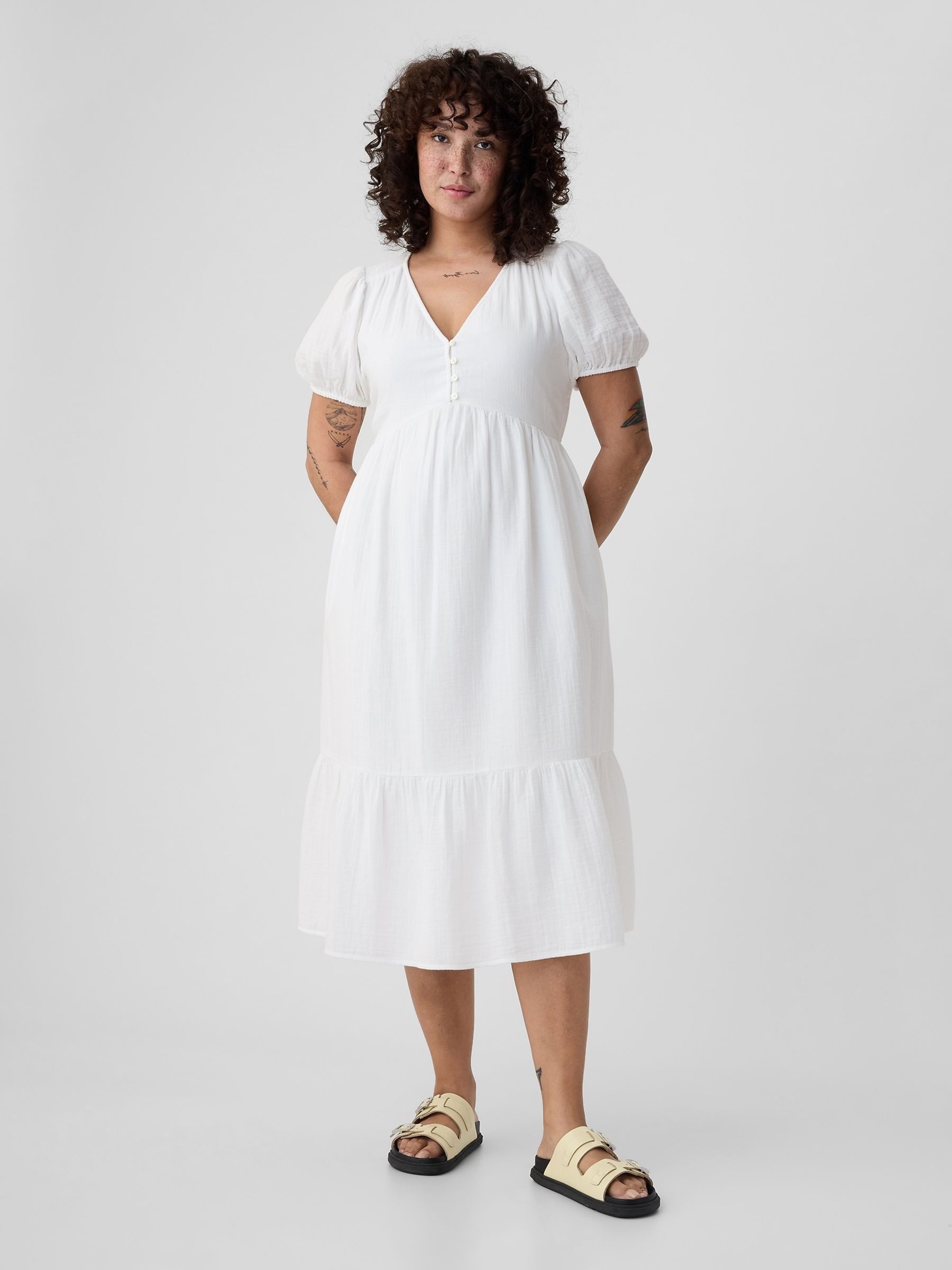 White Crinkle Gauze V Neck Midi Dress