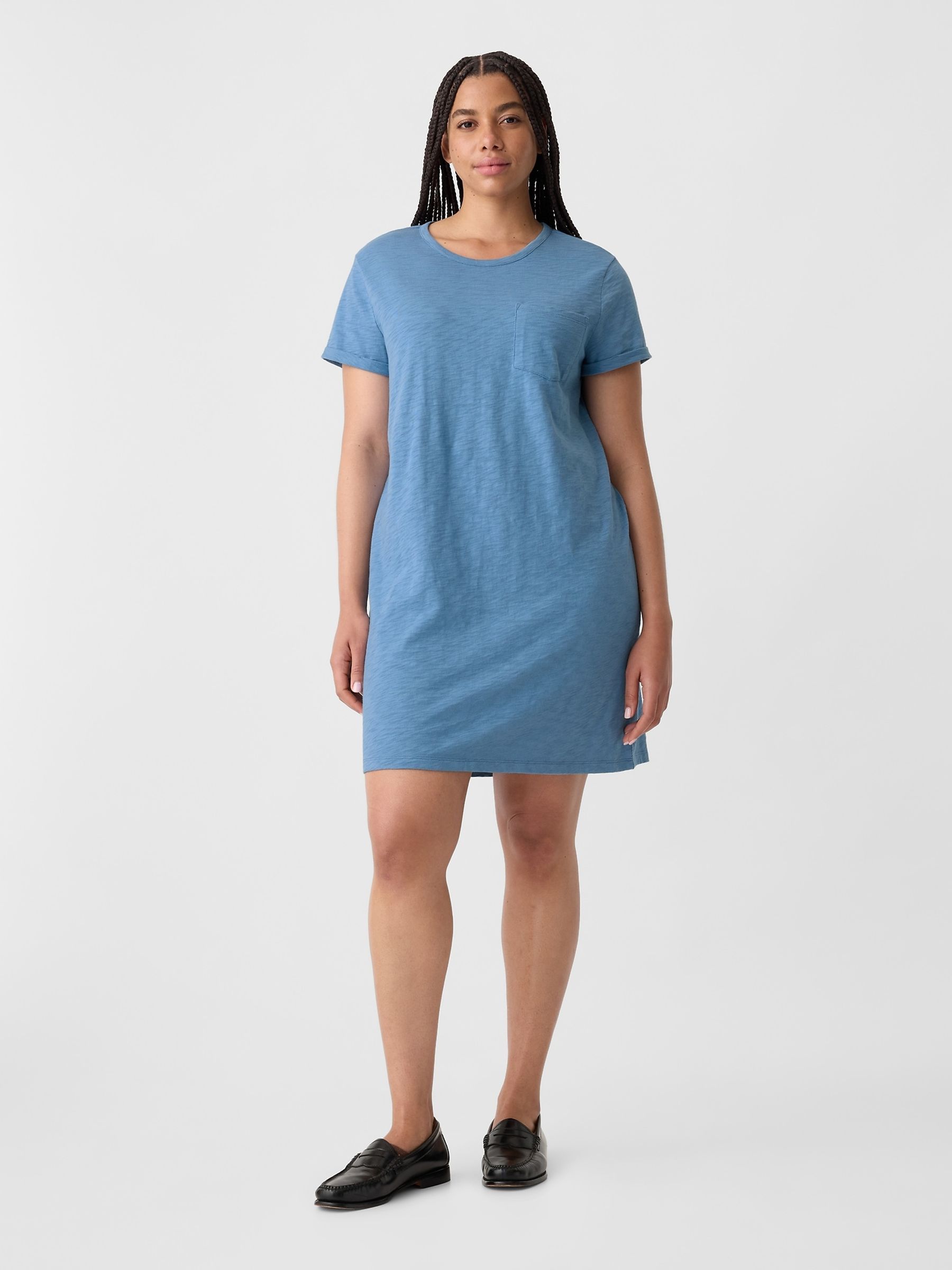 Blue Crew Neck Short Sleeve Pocket Mini T Shirt Dress