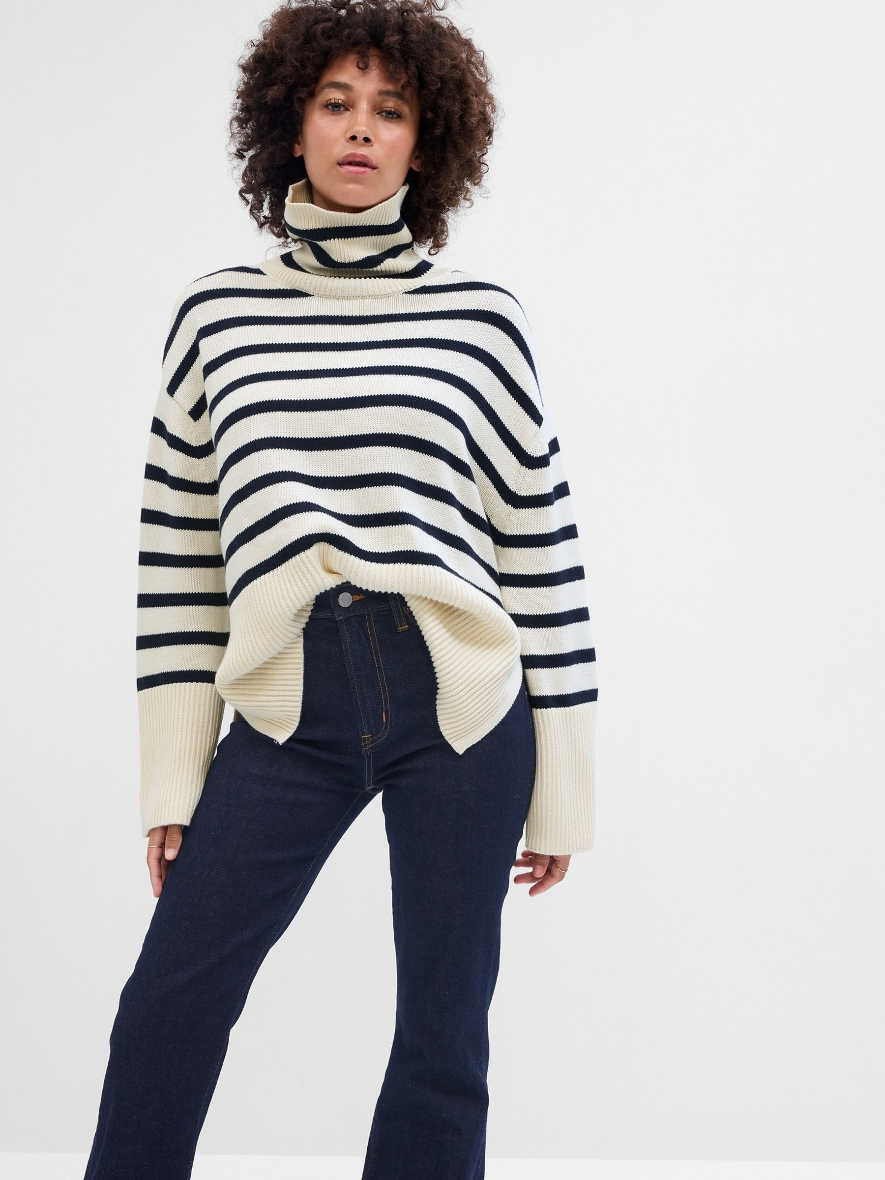 White Navy Relaxed Stripe Turtle Neck Tunic Jumper