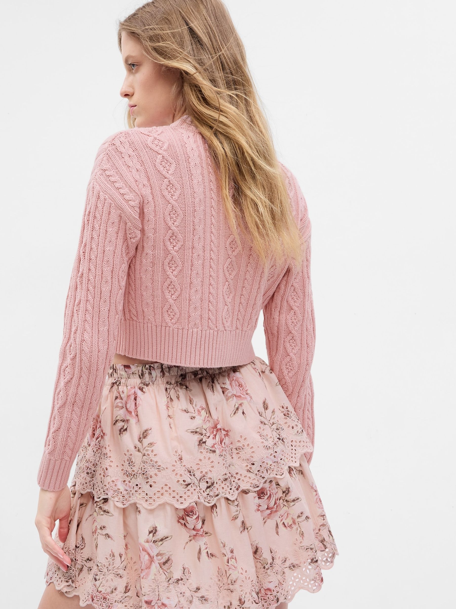 Pink LoveShackFancy Cable Knit Cropped Jumper