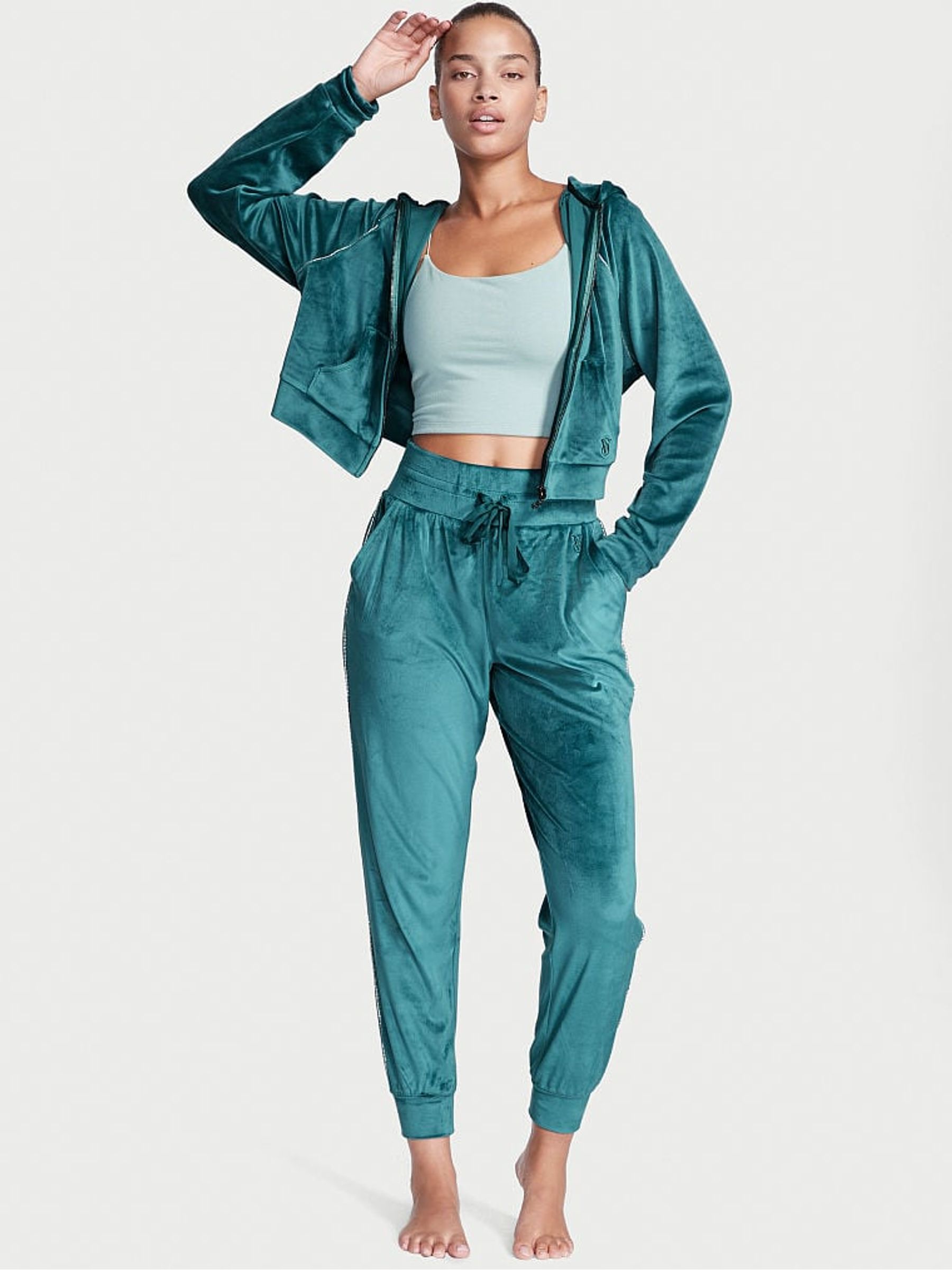 Teal Green Velour Diamante Jogger