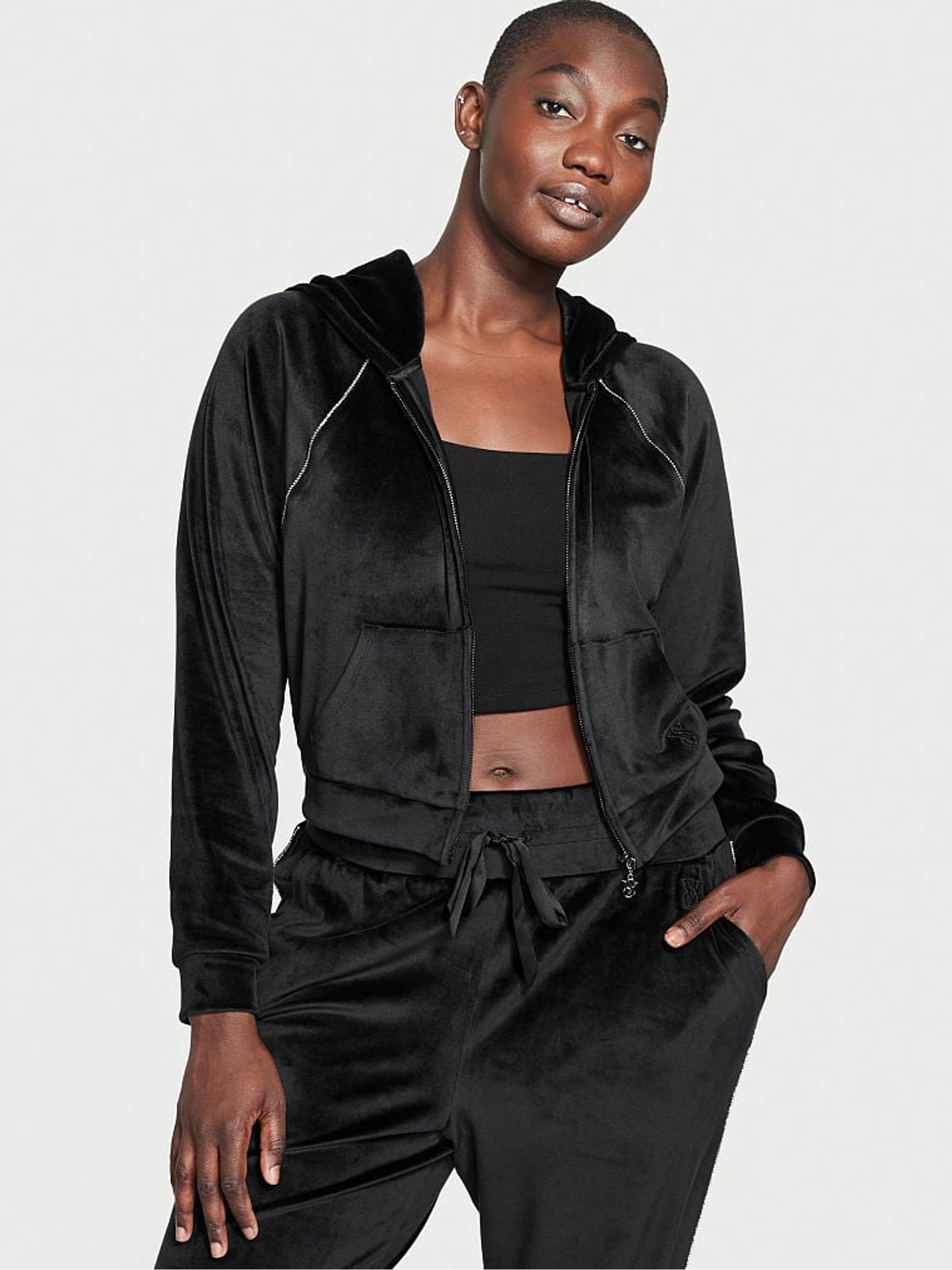 Black velour zip up hoodie clearance