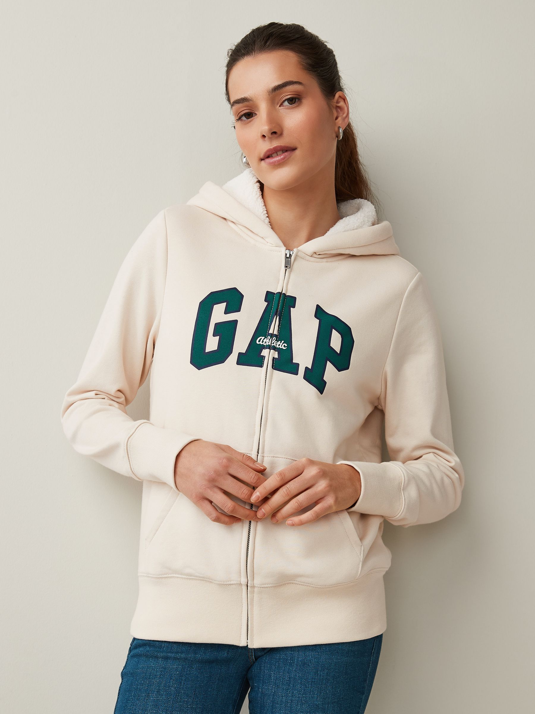 Cream and Green Logo Zip Up Sherpa Lined Hoodie