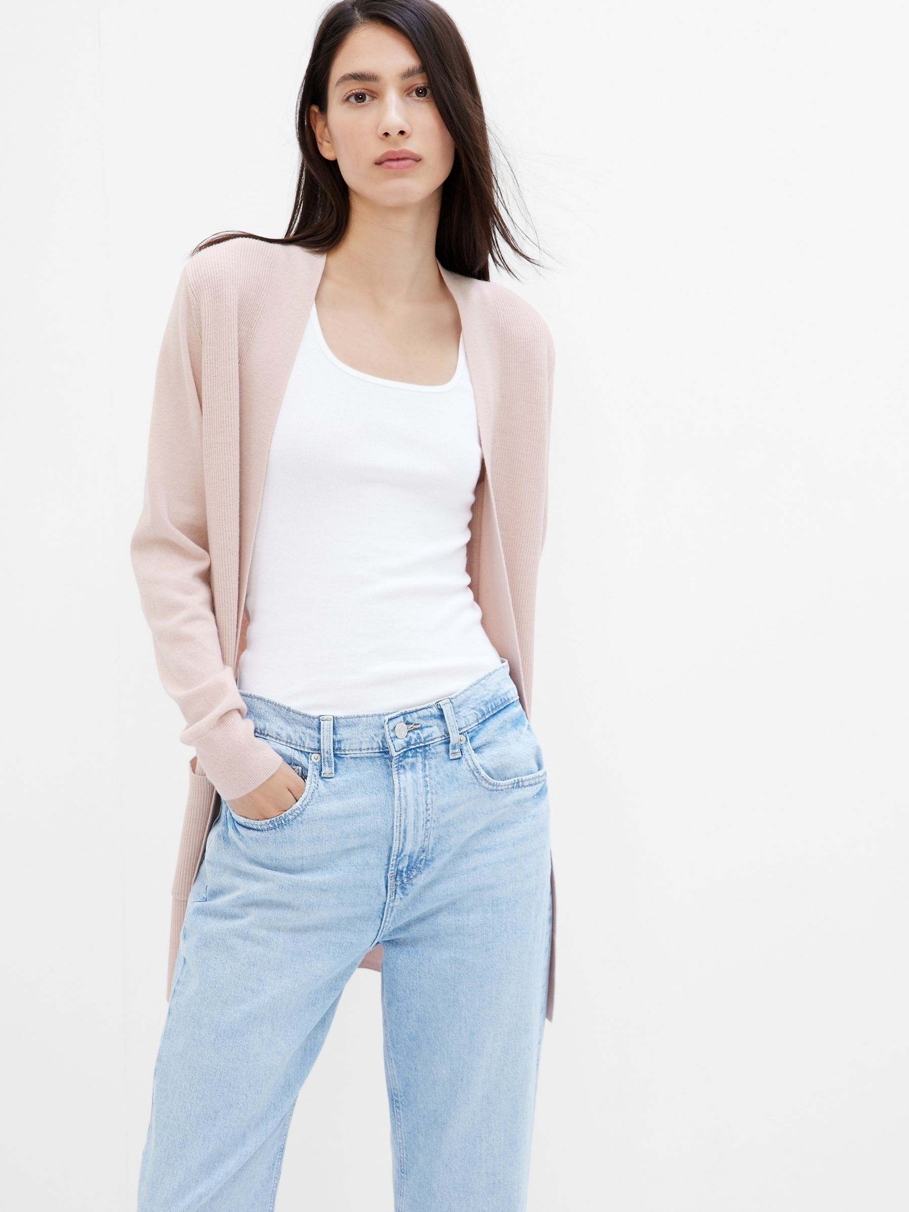 Pink Long Open Front Cardigan