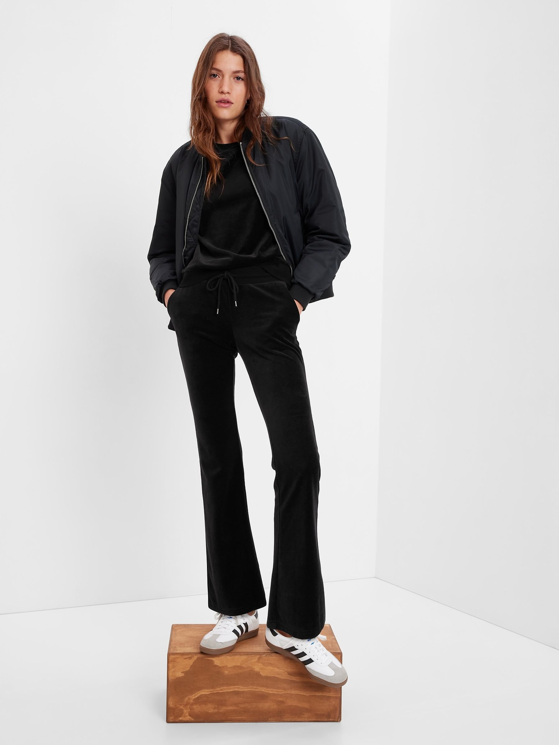 Buy Black Mid Rise Velour Flare Joggers from the Gap online shop
