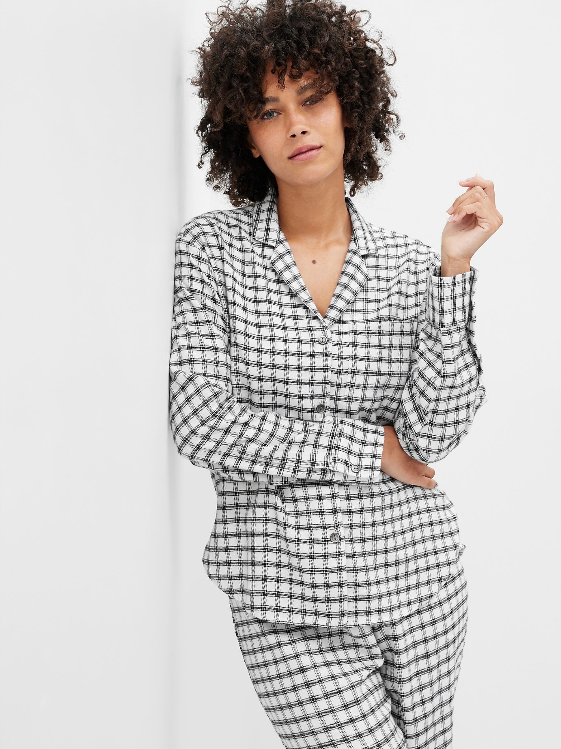 Black White Relaxed Flannel Long Sleeve Pyjama Shirt