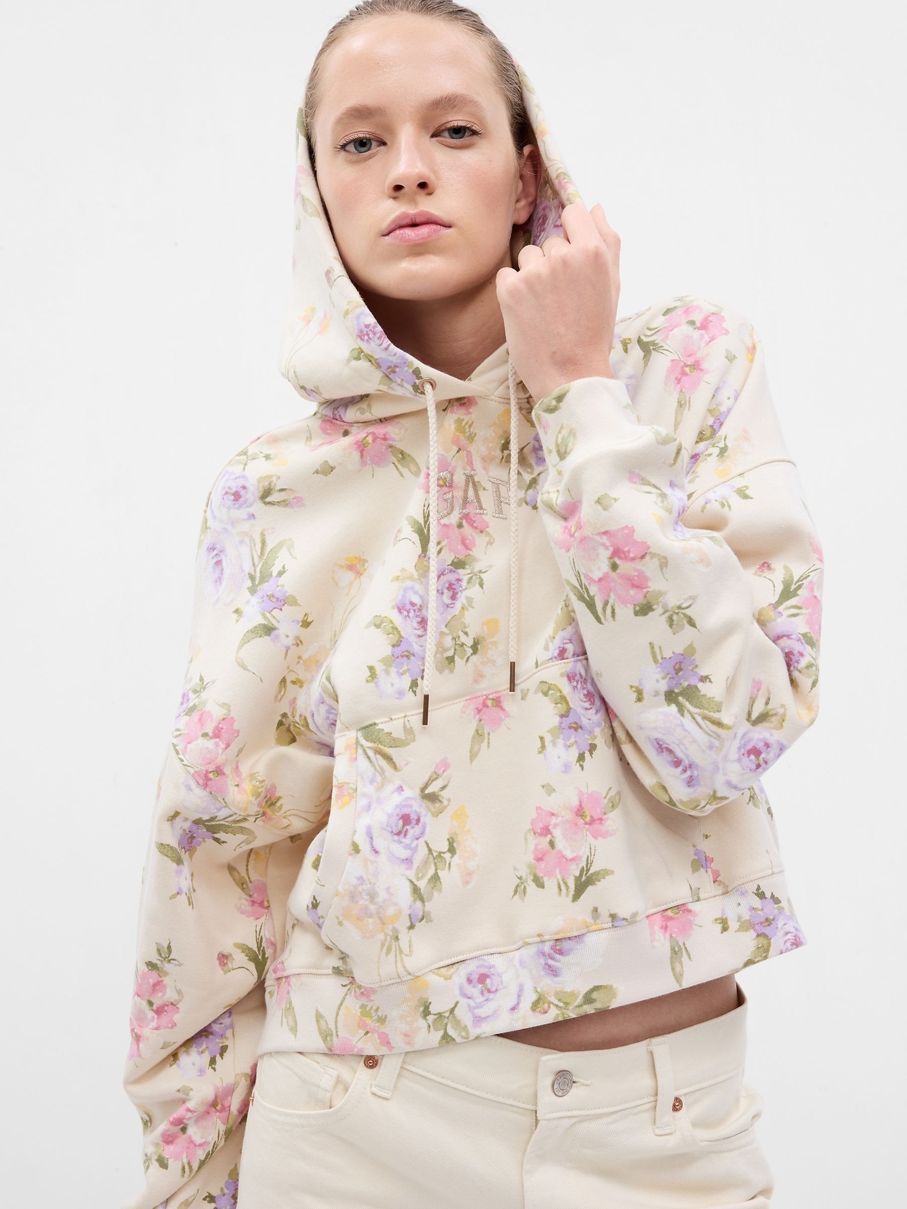 Buy Cream LoveShackFancy Floral Cropped Logo Hoodie from the Gap online shop