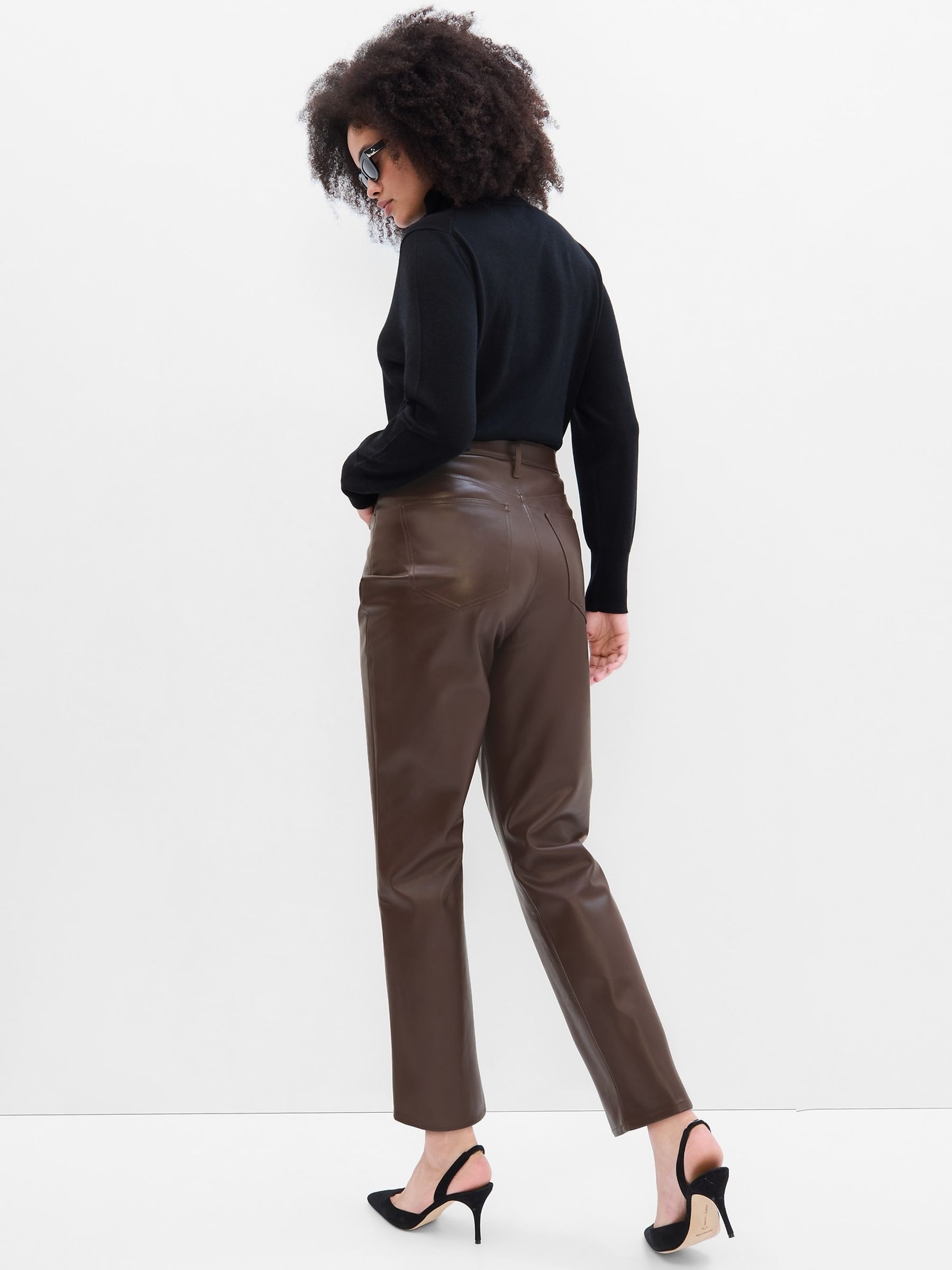 Buy Brown High Waisted Vintage Slim Faux Leather Trousers from the Gap online shop