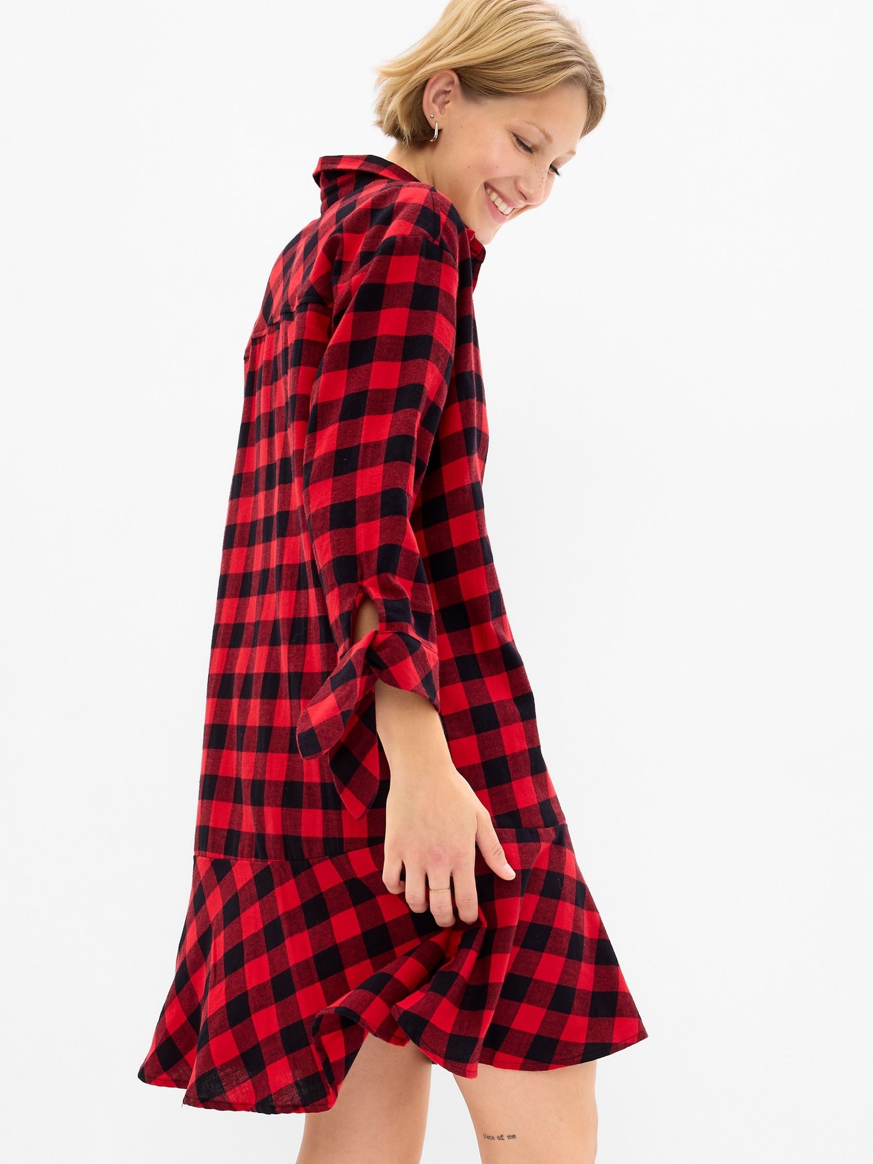 Red plaid button up dress sales