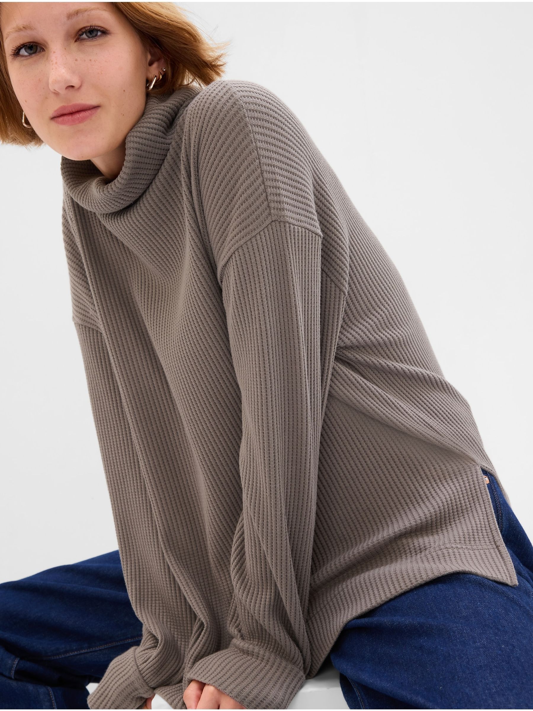 Waffle knit turtleneck top