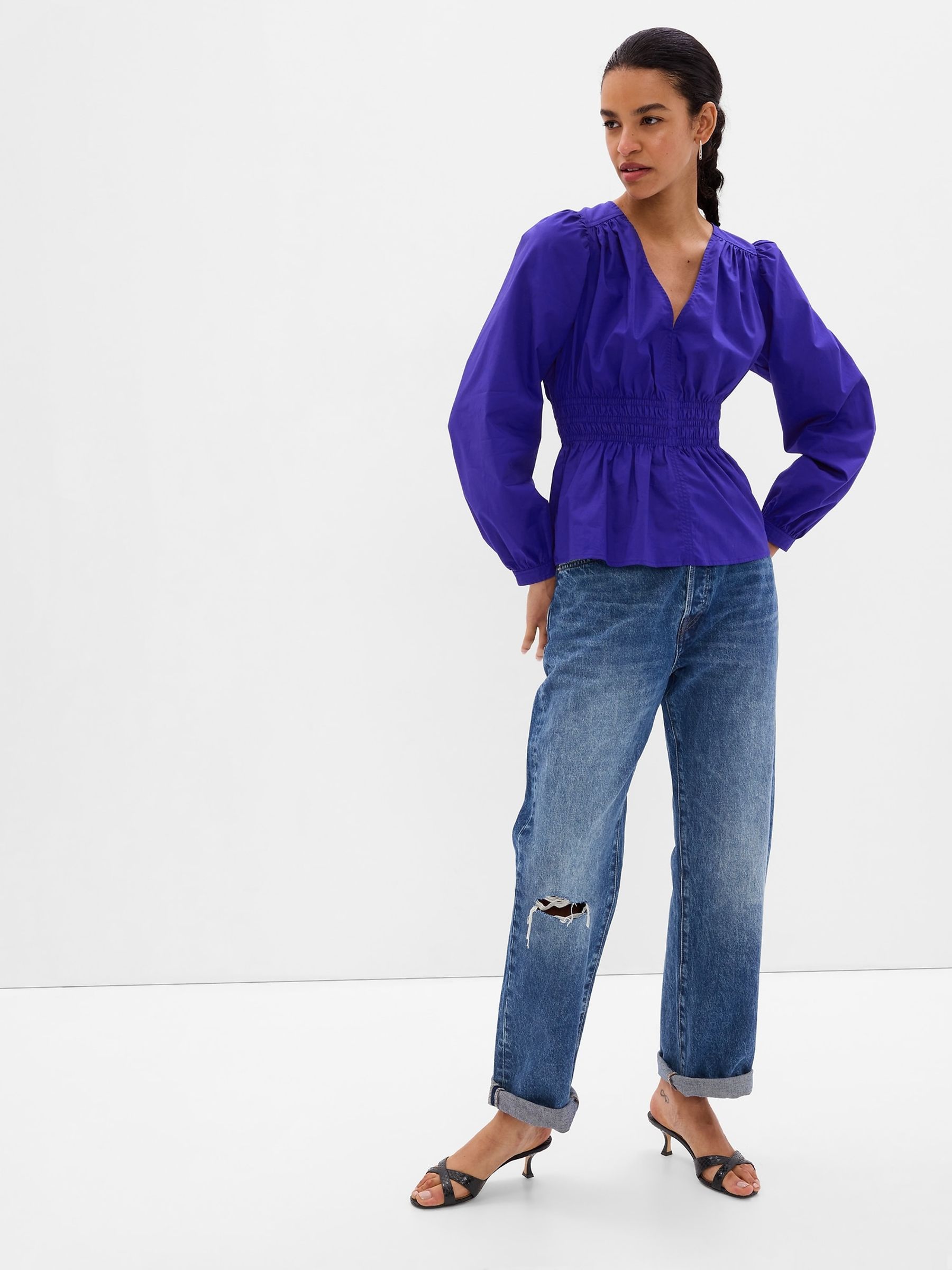 Blue Puff Sleeve Peplum Top