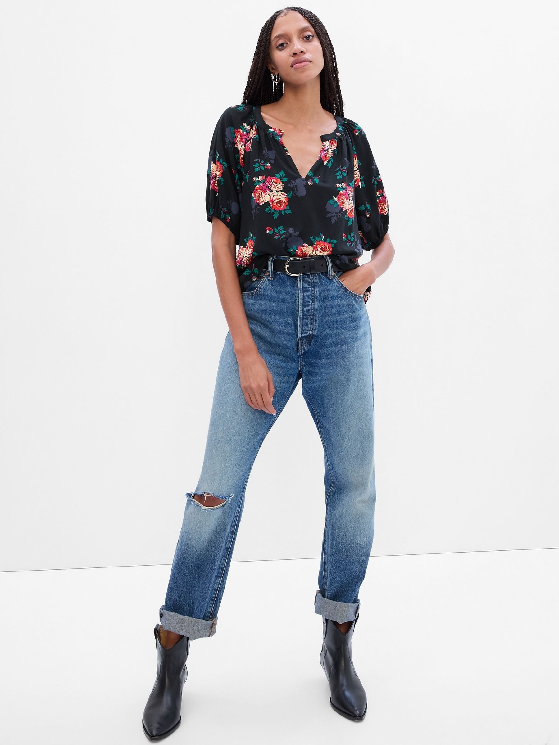 Black Rayon Puff Sleeve Top