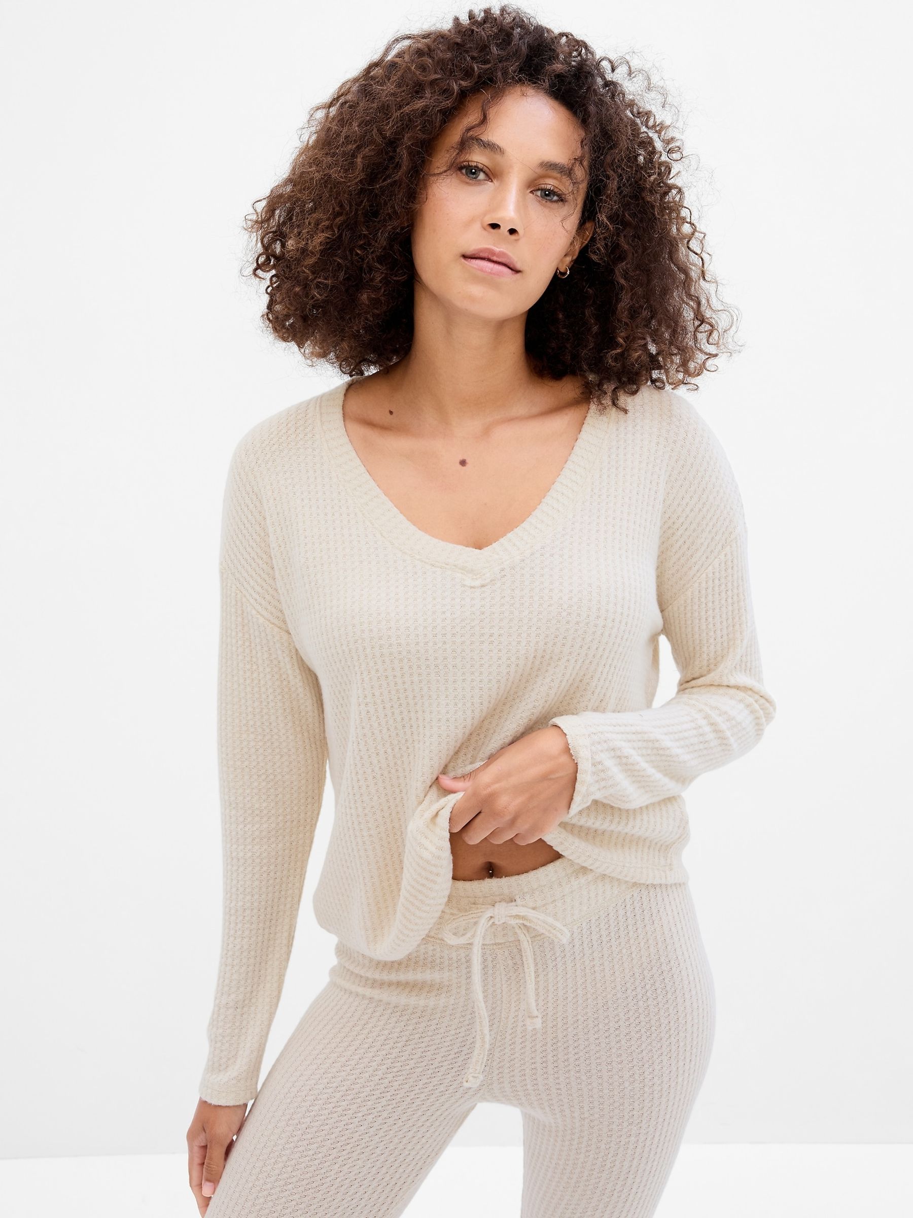 Cream V Neck Ribbed Knit Long Sleeve Pyjama Top