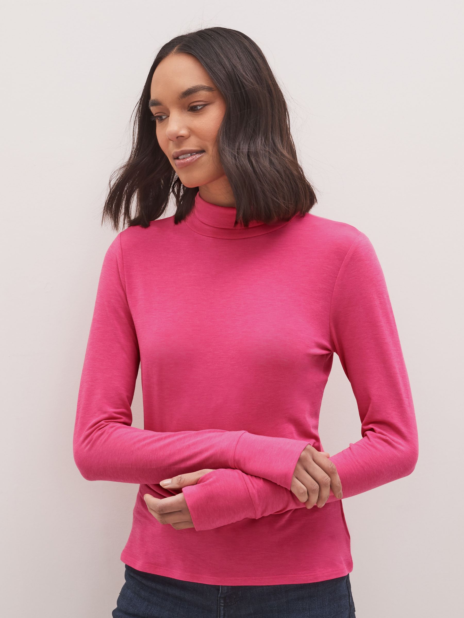 Neon Pink Long Sleeve Turtle Neck Breathable Thumb Hole T Shirt