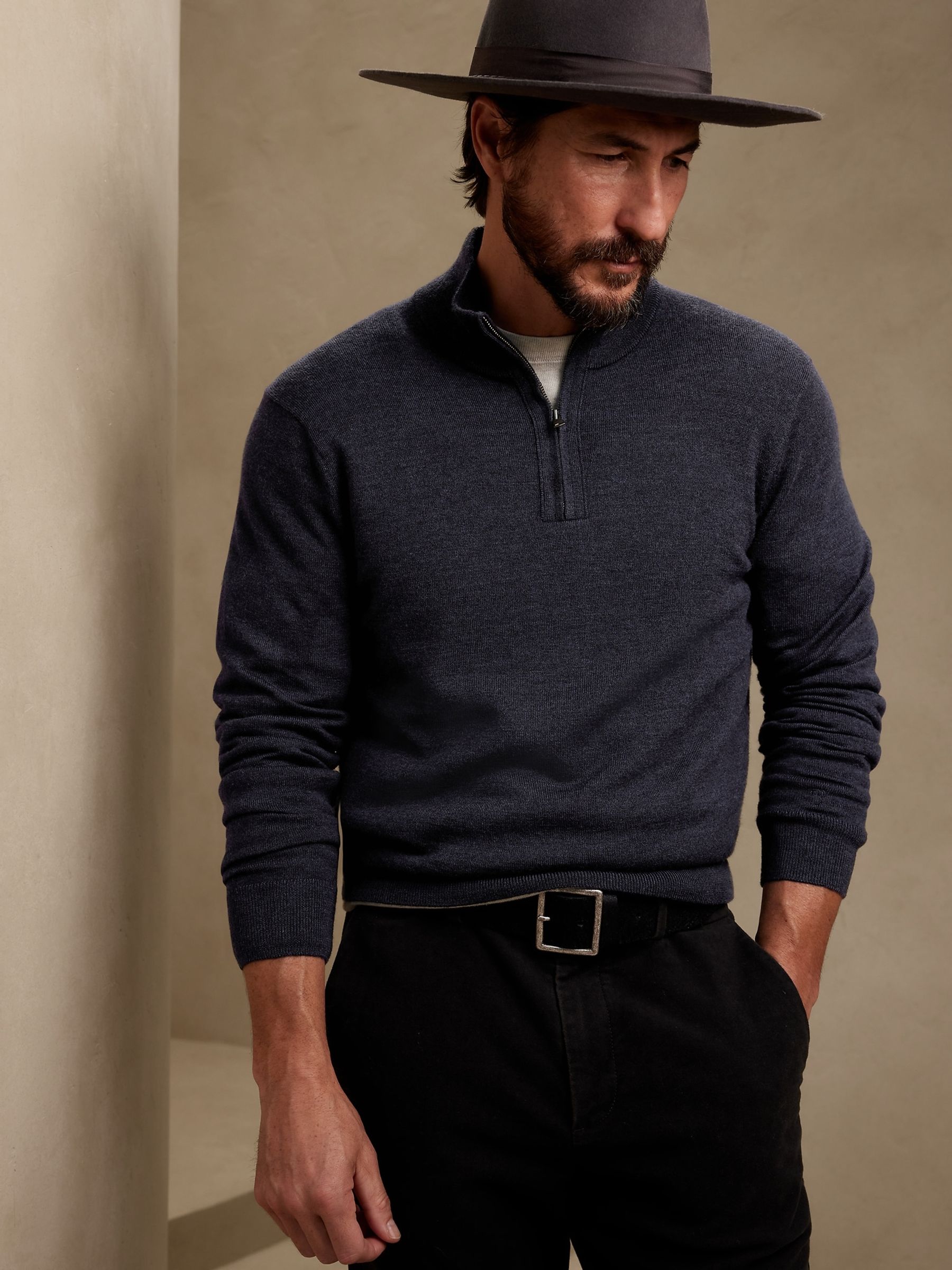 Buy Banana Republic Navy Blue Merino Quarter Zip Jumper from the Gap online shop