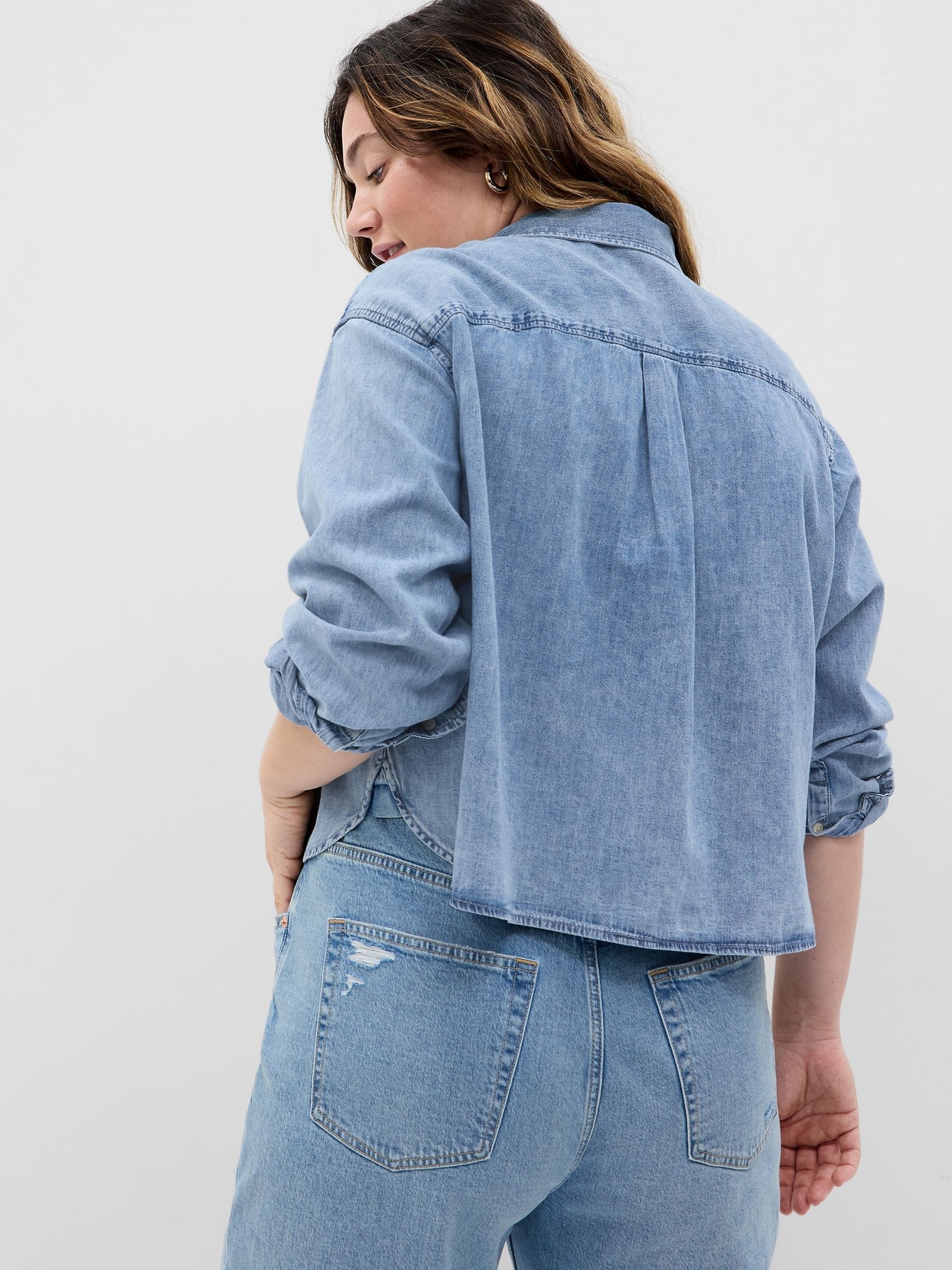 Buy Blue Cropped Denim Long Sleeve Shirt from the Gap online shop