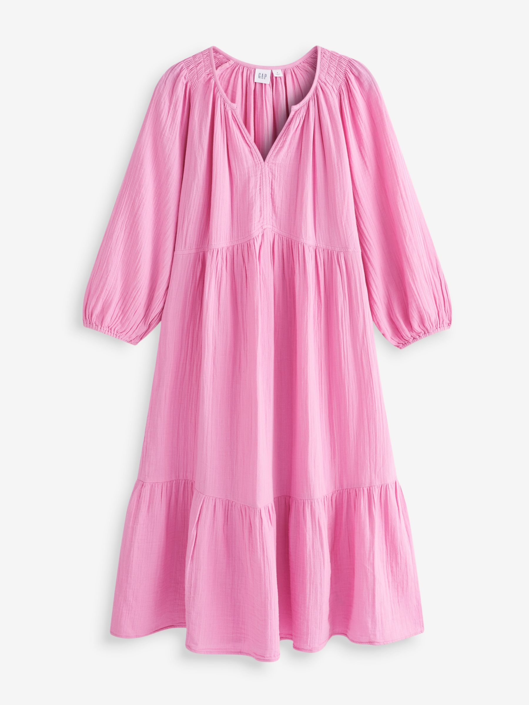 Buy Pink Gauze V Neck Long Puff Sleeve Midi Dress from the Gap online shop